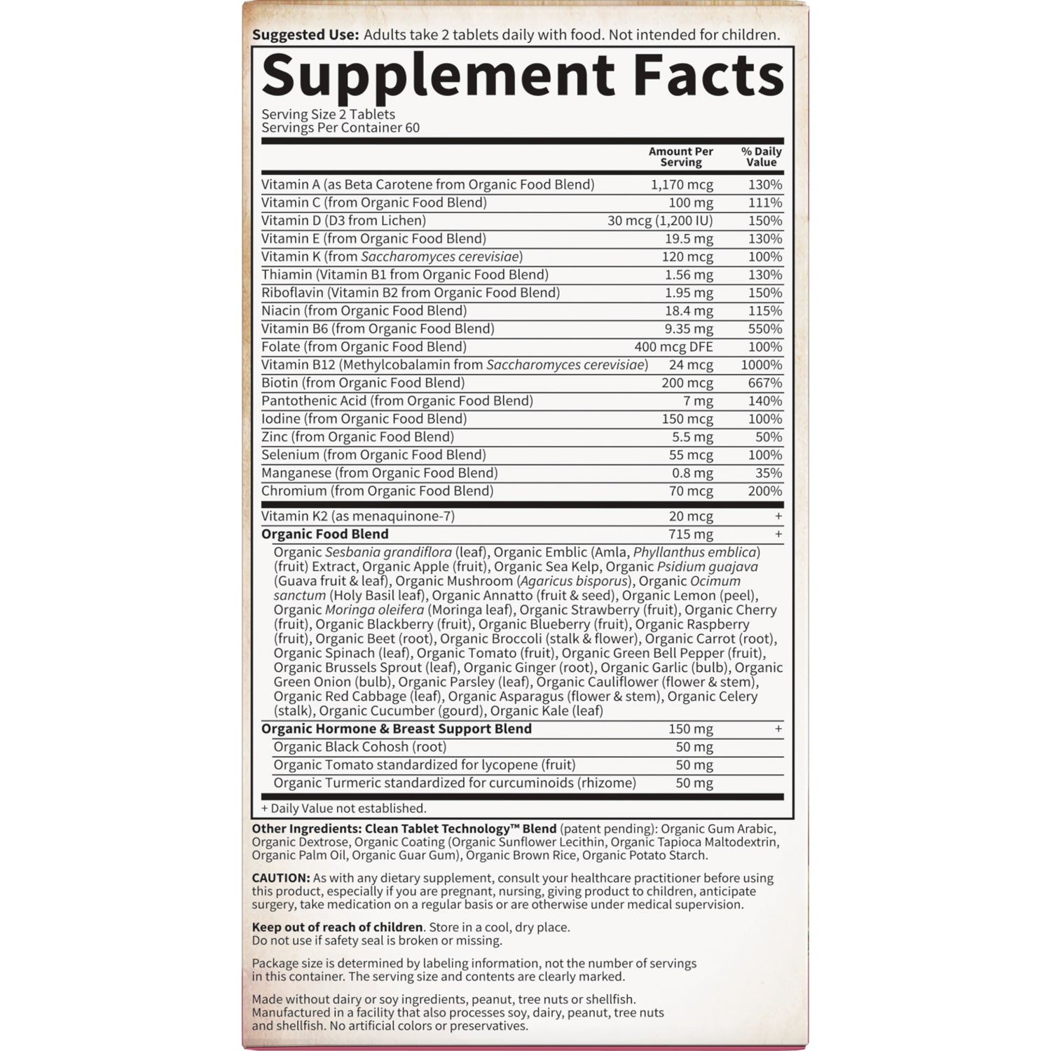 GLF179 | Supplement Facts nutrition label showing serving size, vitamins, minerals, and organic blends