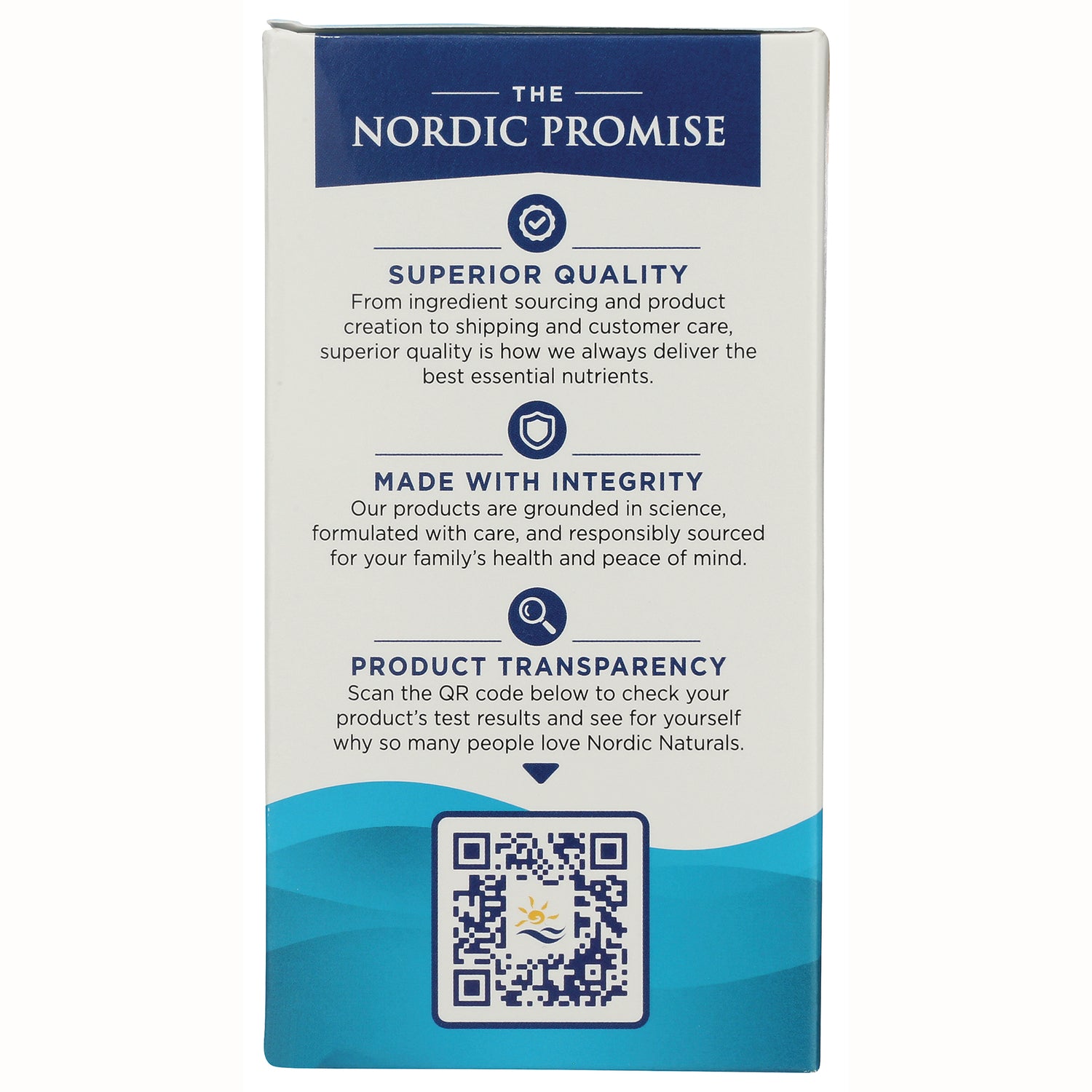 NRN066 | box back labeled THE NORDIC PROMISE with headings Superior Quality, Made With Integrity, Product Transparency and a QR code