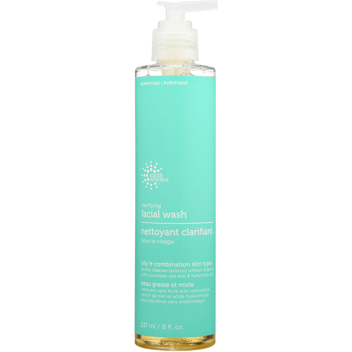 ERS008 | tall turquoise bottle of clarifying facial wash with pump, 237 ml