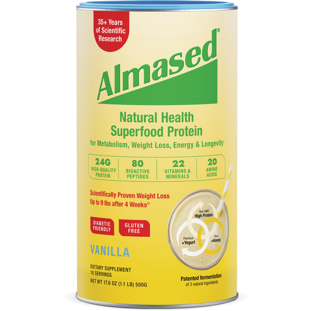 ALM006 | Almased Natural Health Superfood Protein Vanilla dietary supplement canister, front label - Thumbnail