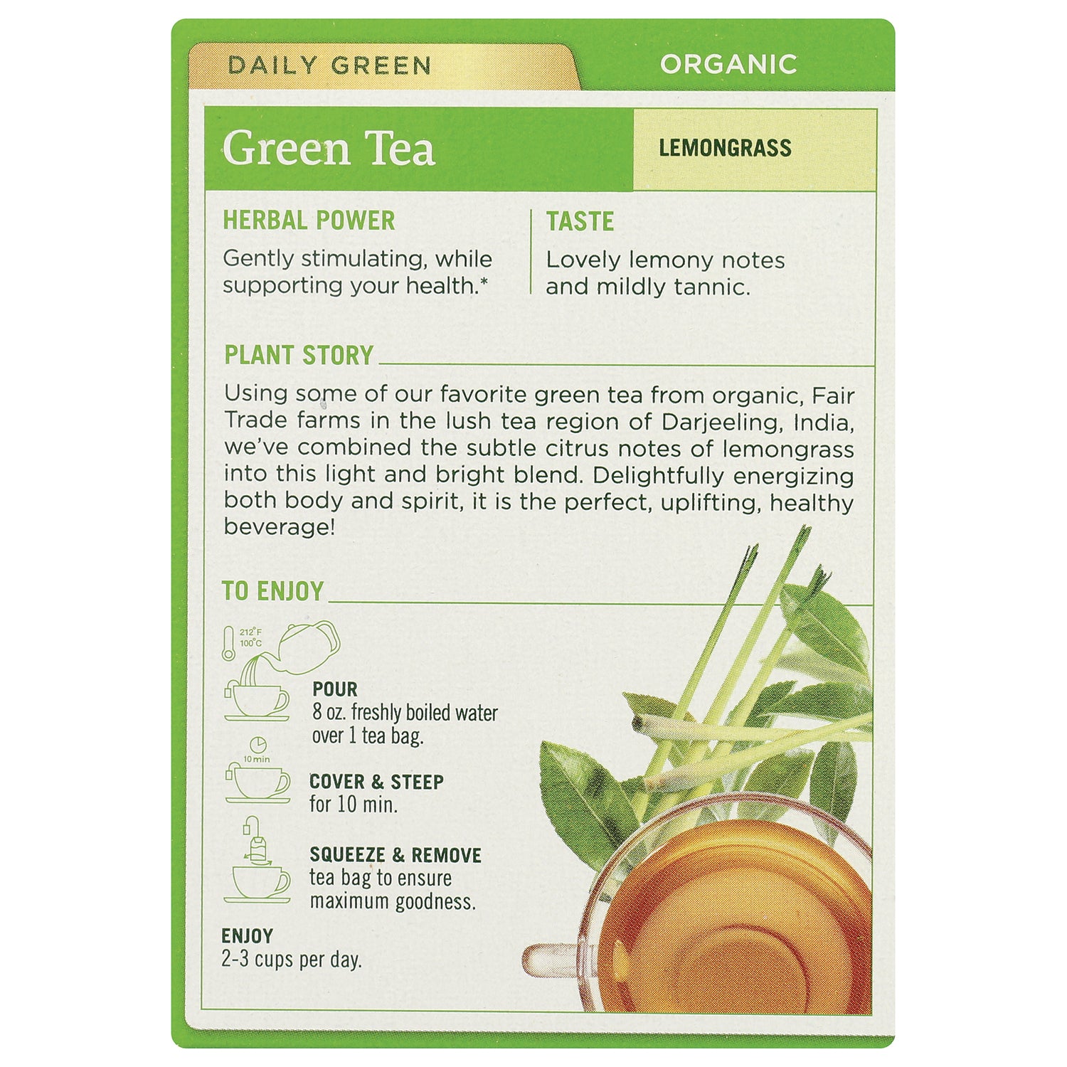 TMD020 | Back panel: Organic Green Tea Lemongrass with herbal power, taste, plant story, and brewing steps
