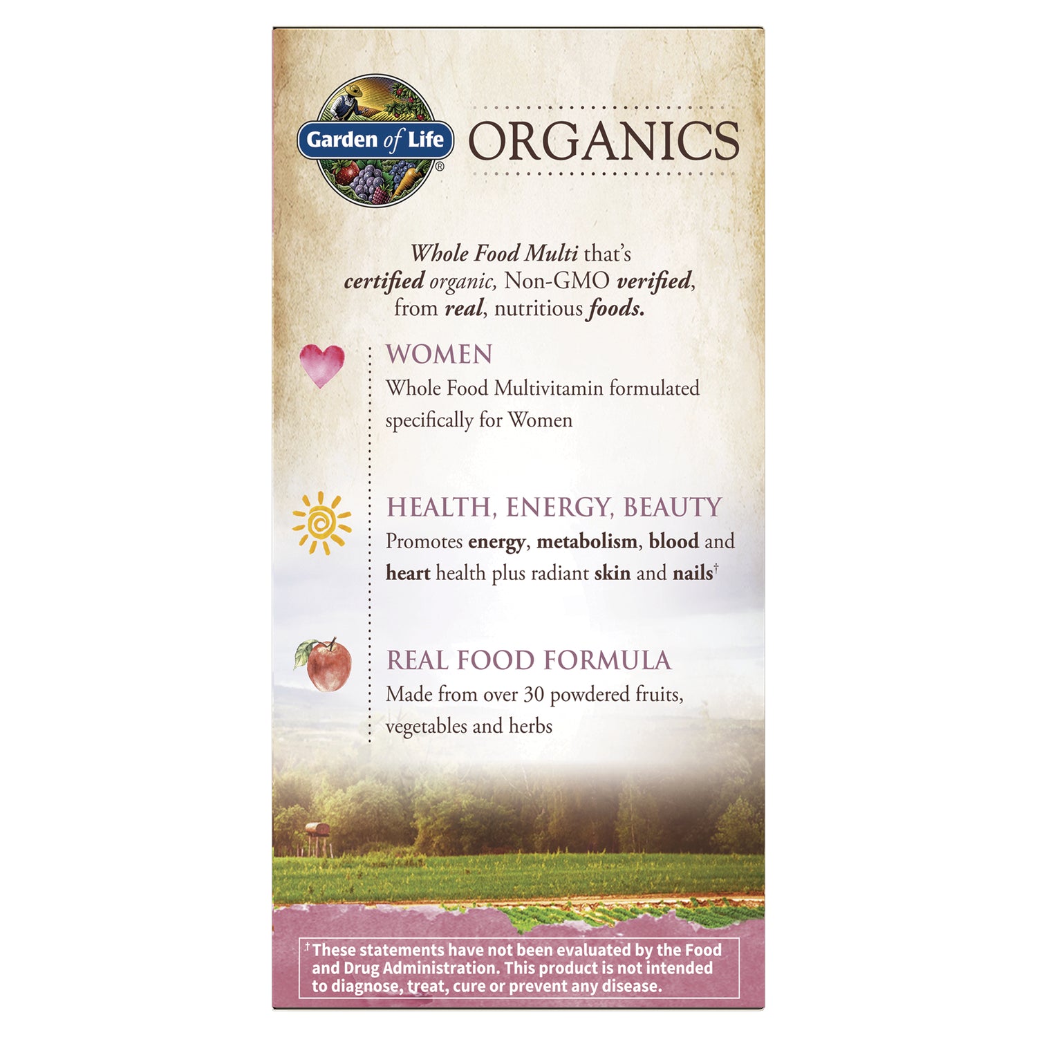 GLF178 | Garden of Life Organics infographic for women's whole food multivitamin highlighting health and real food formula