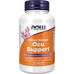 NWF1058 | White bottle of NOW Ocu Support dietary supplement with orange label, 90 capsules, purple cap