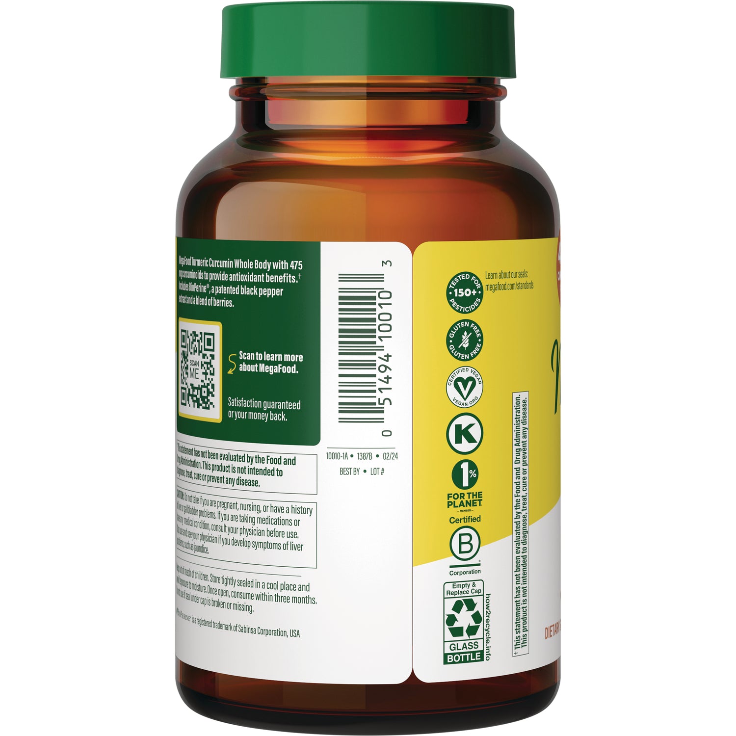 MGF049 | Back label of amber supplement bottle showing barcode, QR code, certification icons and small text