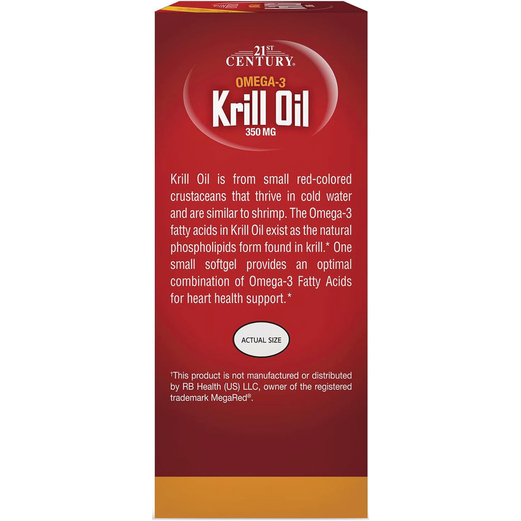 CNT238 | Red back panel of 21st Century Omega-3 Krill Oil 350 MG box showing product description text and actual size softgel graphic - Thumbnail