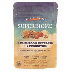 EIM035 | SUPERBIOME pouch labeled 8 MUSHROOM EXTRACTS + 2 PROBIOTICS natural dietary supplement powder