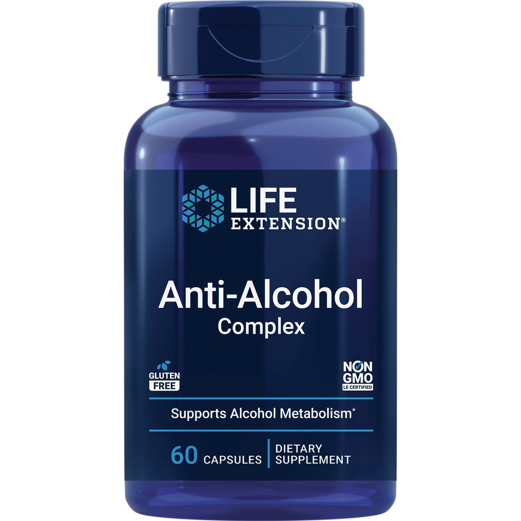 LE461 | Life Extension Anti-Alcohol Complex supplement bottle front label reading Anti-Alcohol Complex, 60 capsules, gluten free, non GMO - Thumbnail