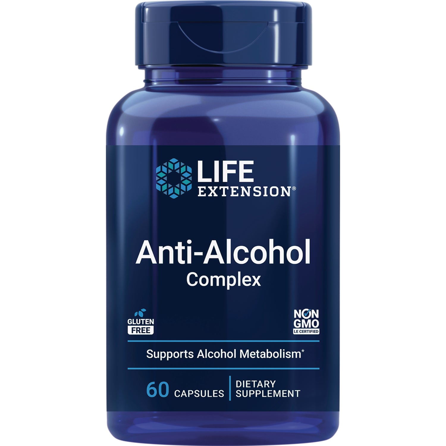 LE461 | Life Extension Anti-Alcohol Complex supplement bottle front label reading Anti-Alcohol Complex, 60 capsules, gluten free, non GMO