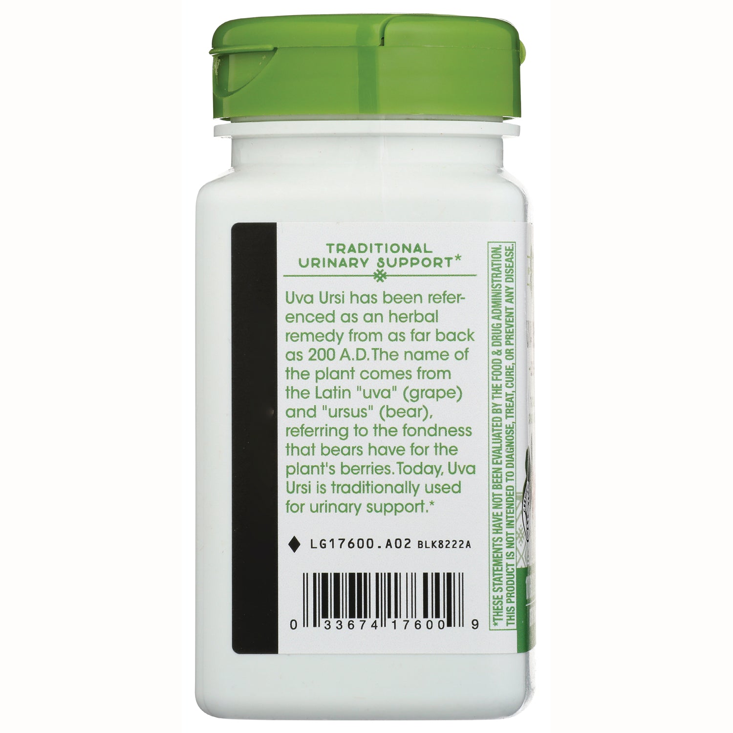 NW870 | back label of white supplement bottle with green cap reading Traditional Urinary Support and product text with barcode