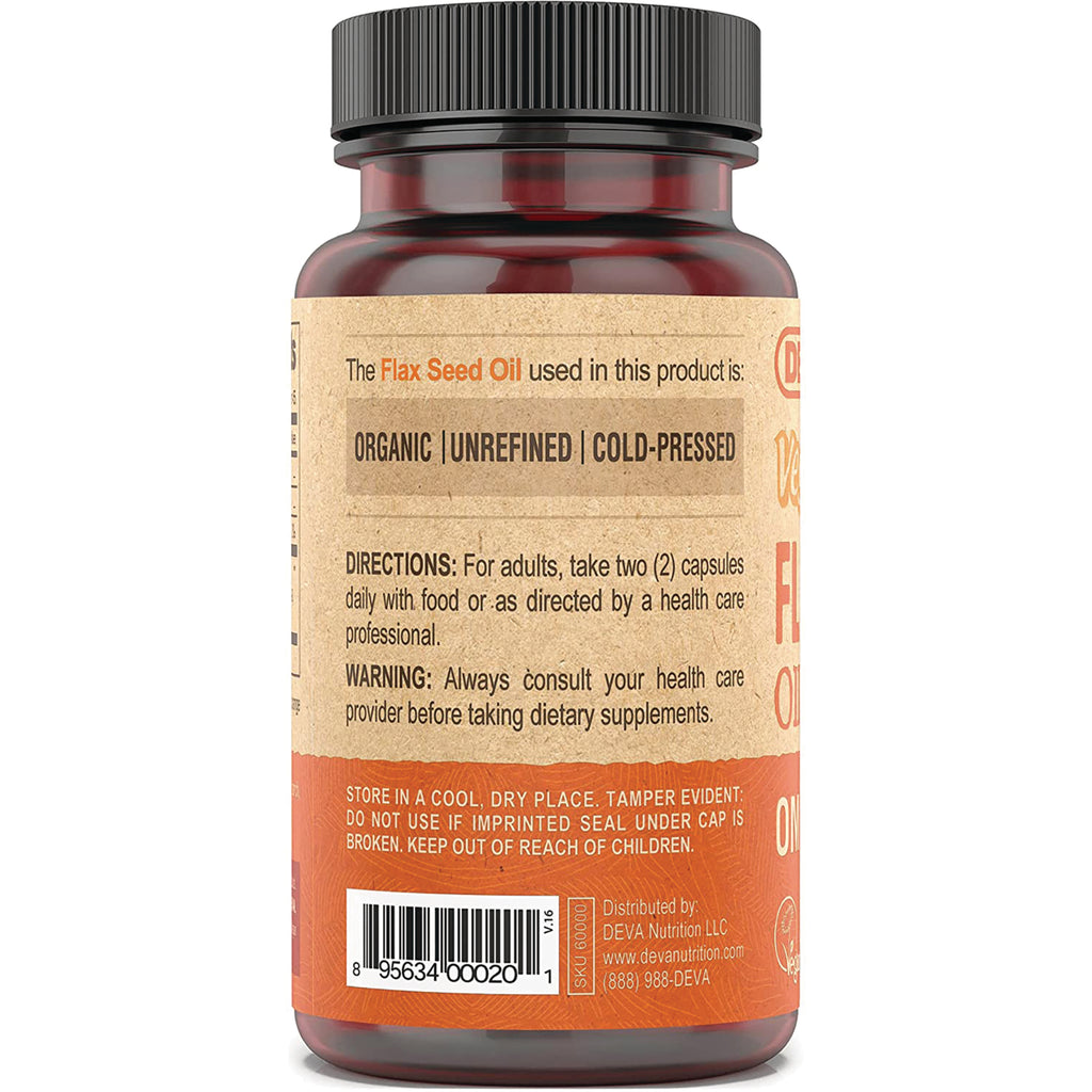 DEV003 | Back label of flax seed oil bottle showing directions, warning, organic unrefined cold-pressed text and barcode - Thumbnail