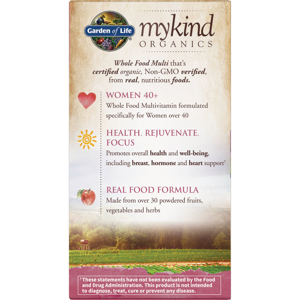GLF179 | mykind Organics product infographic for Women 40+ multivitamin highlighting health, focus, and real food formula - Thumbnail
