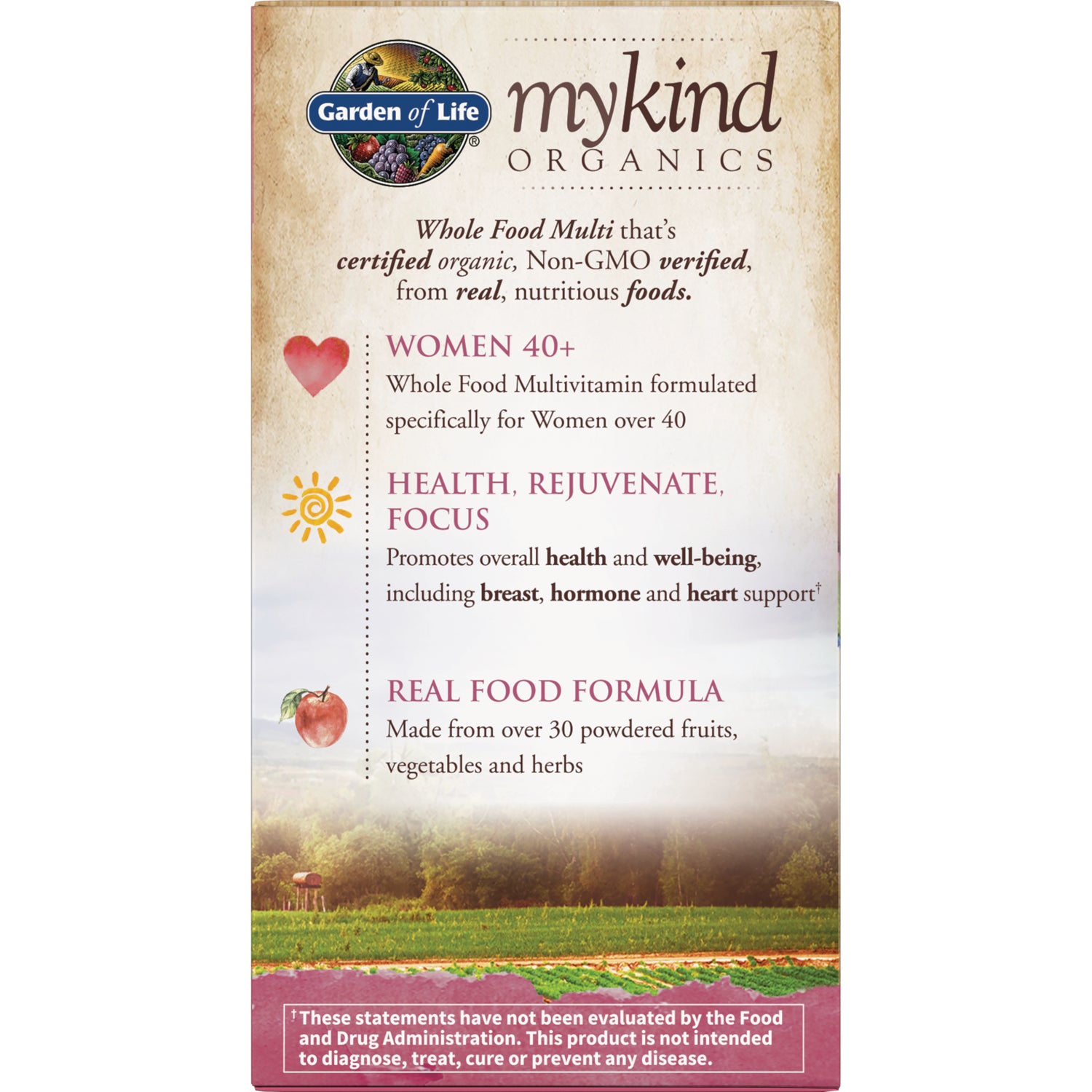 GLF179 | mykind Organics product infographic for Women 40+ multivitamin highlighting health, focus, and real food formula