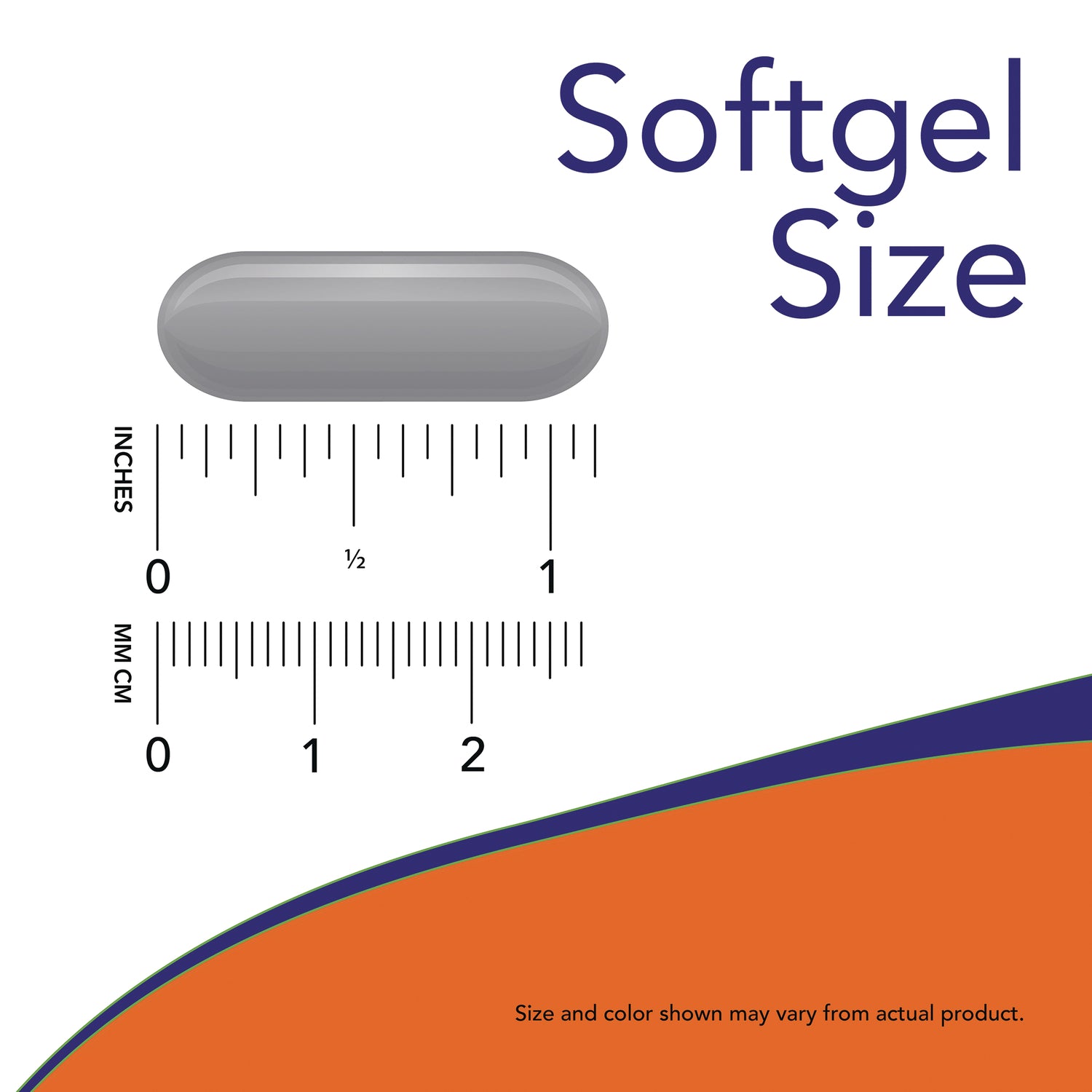NWF532 | Softgel size graphic showing gray softgel above inch and centimeter rulers