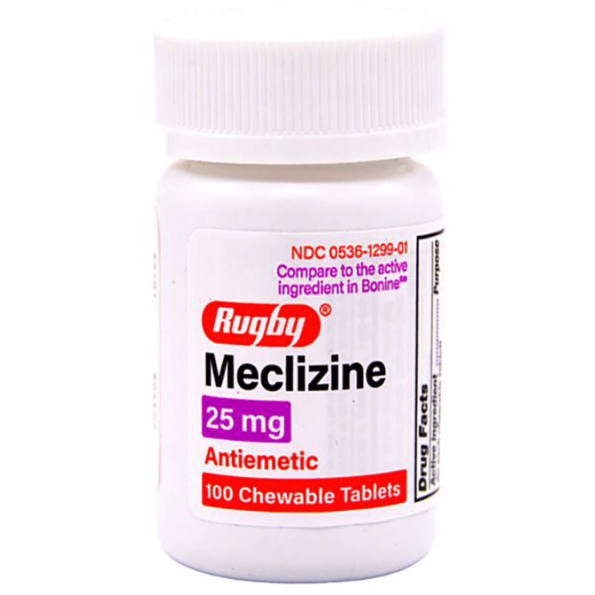 WAT080 | Rugby Meclizine 25 mg antiemetic bottle, 100 chewable tablets
