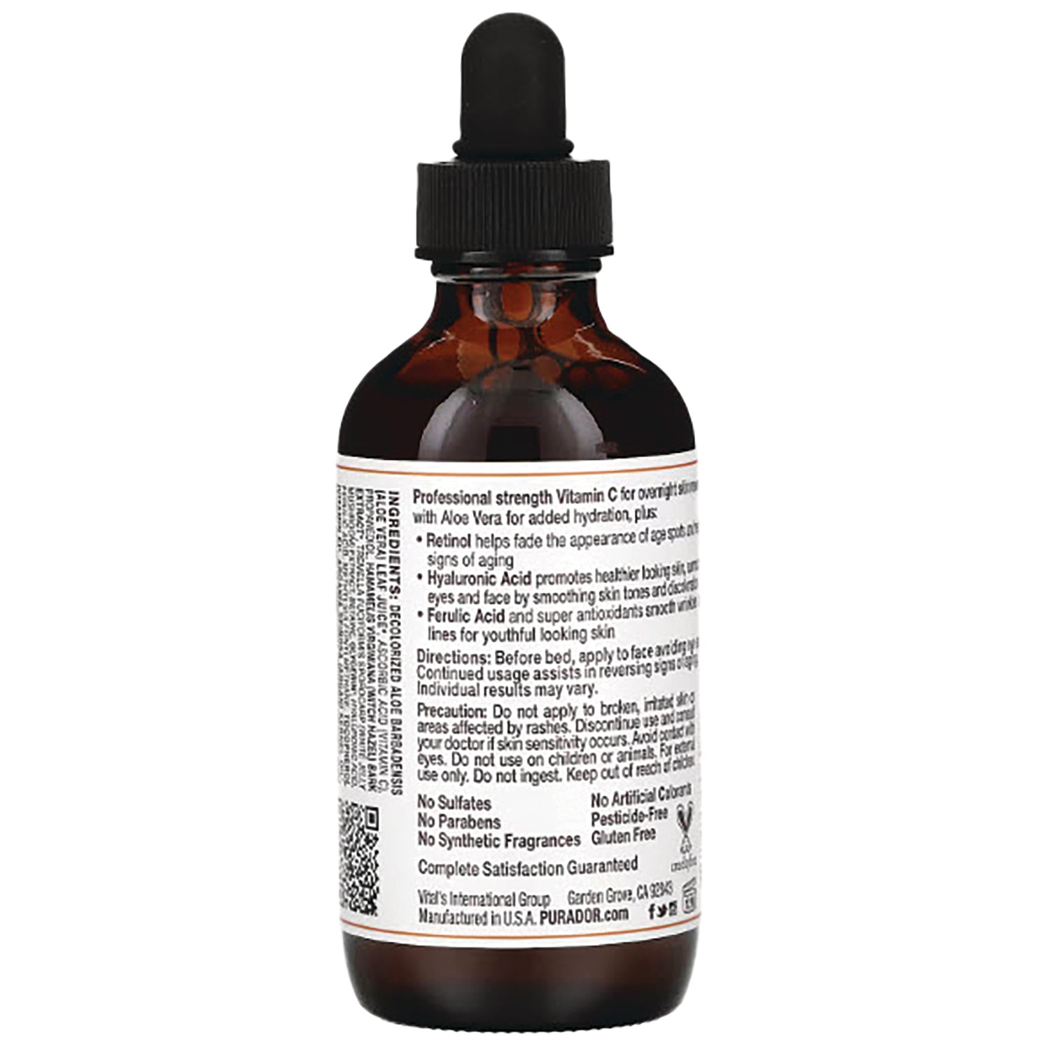 PDO007 | back label of amber dropper bottle with ingredients, directions, and certification icons