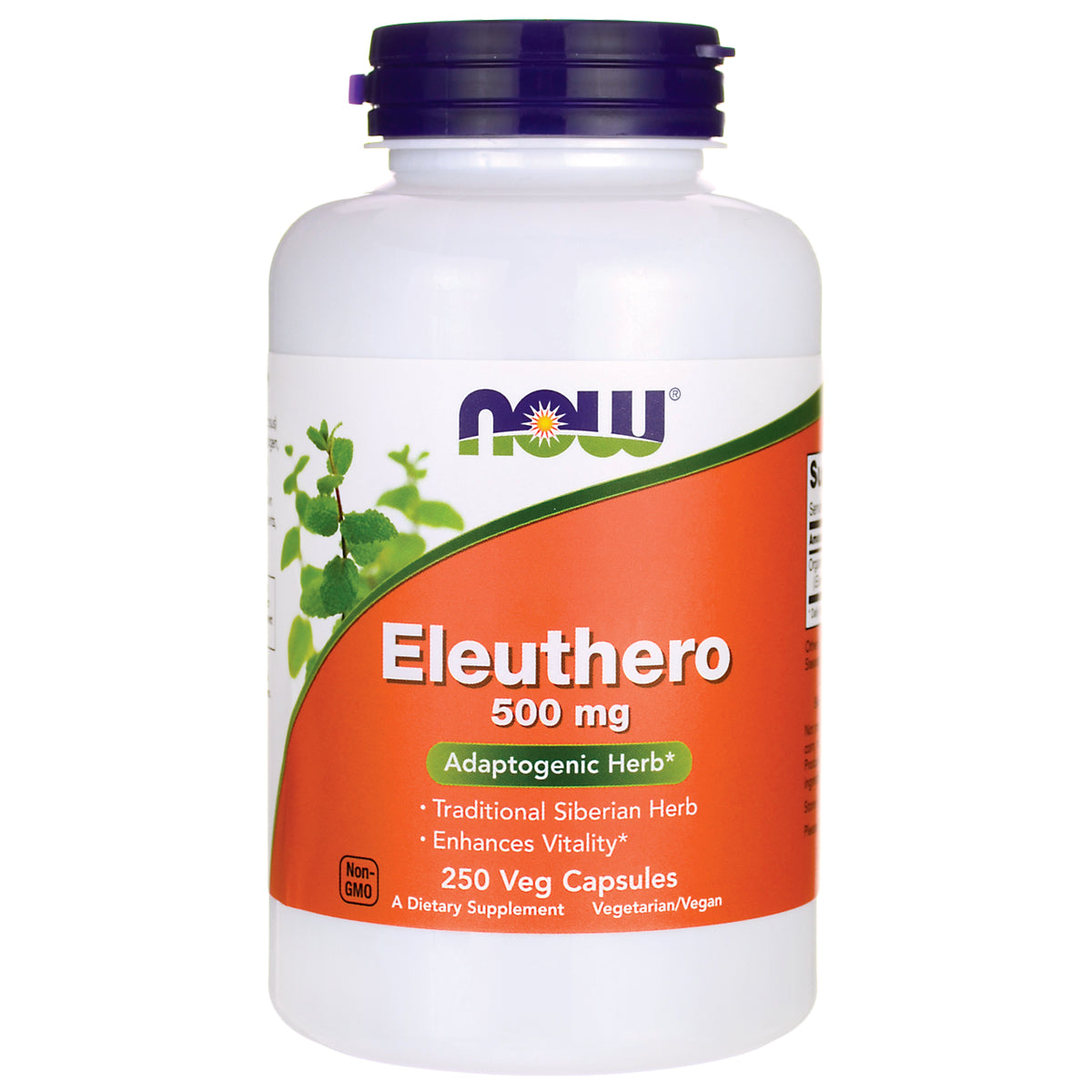 NWF673 | NOW Eleuthero 500 mg bottle, orange label reading Eleuthero Adaptogenic Herb 250 Veg Capsules