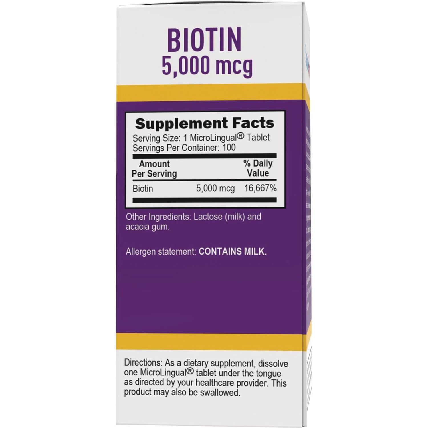 SUS012 | Back of Biotin 5,000 mcg box with Supplement Facts panel; allergen statement: CONTAINS MILK