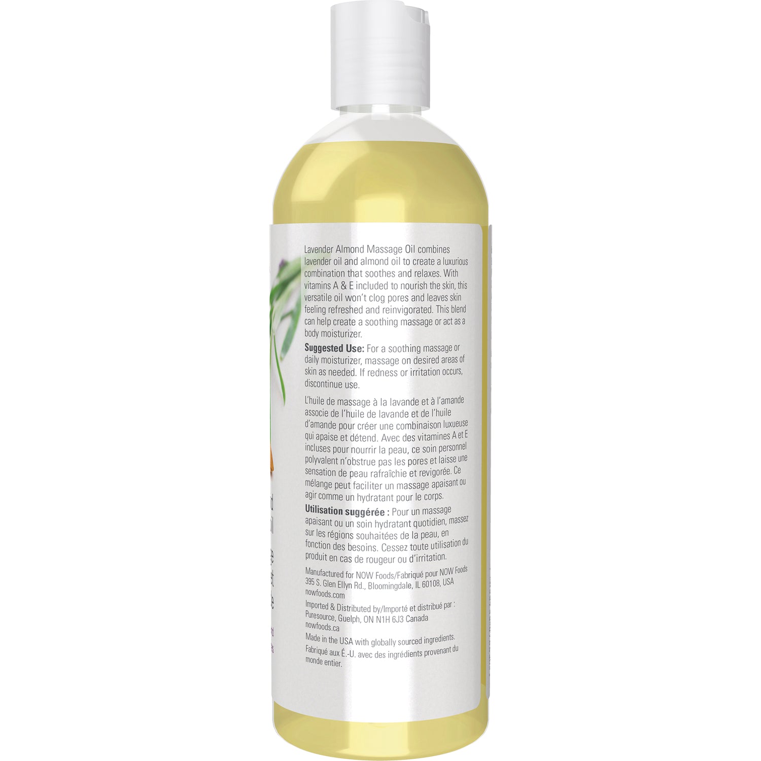 NWF428 | Back label of lavender almond massage oil bottle showing usage directions and ingredients