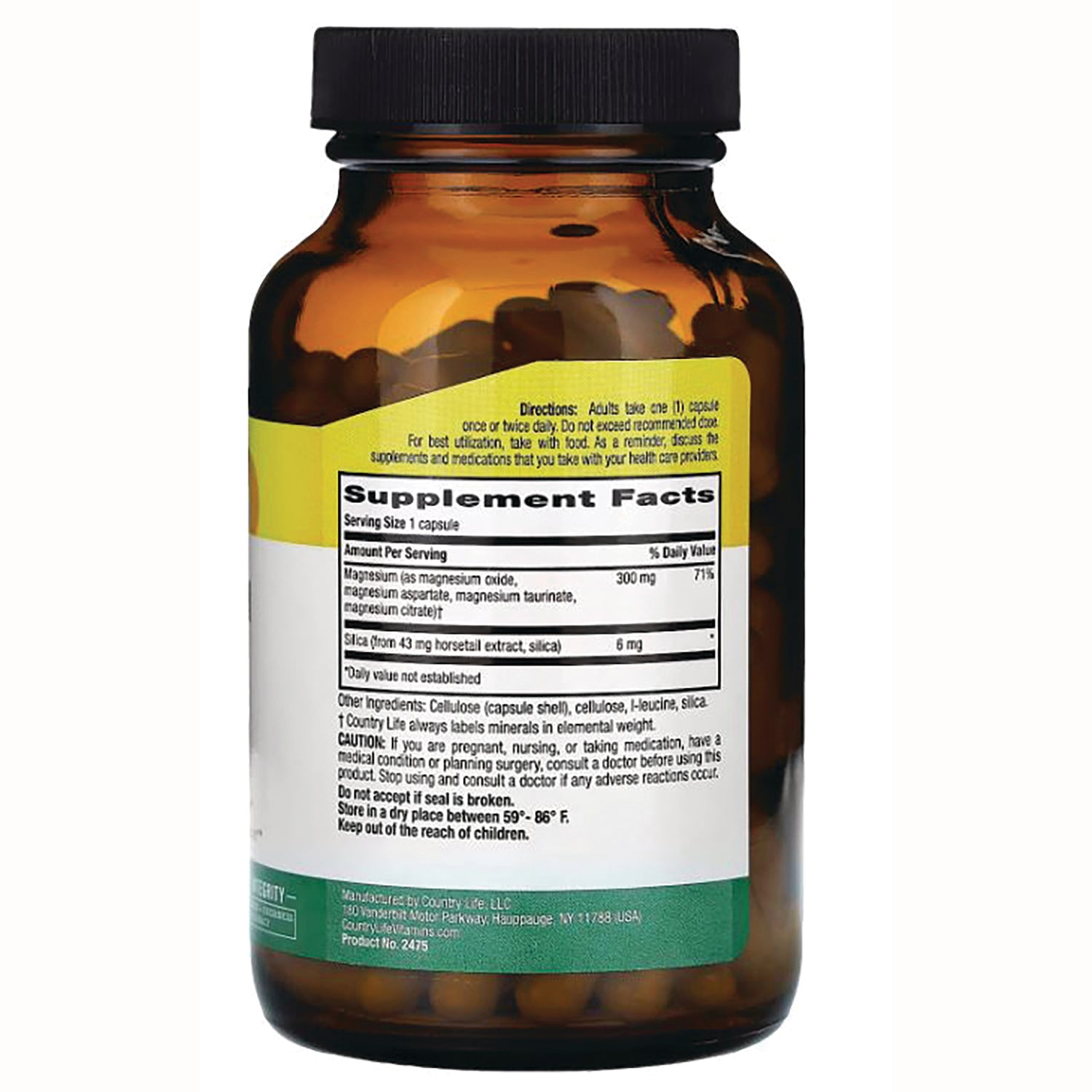 CRL445 | Back of amber supplement bottle showing Supplement Facts panel, dosage directions, and ingredients