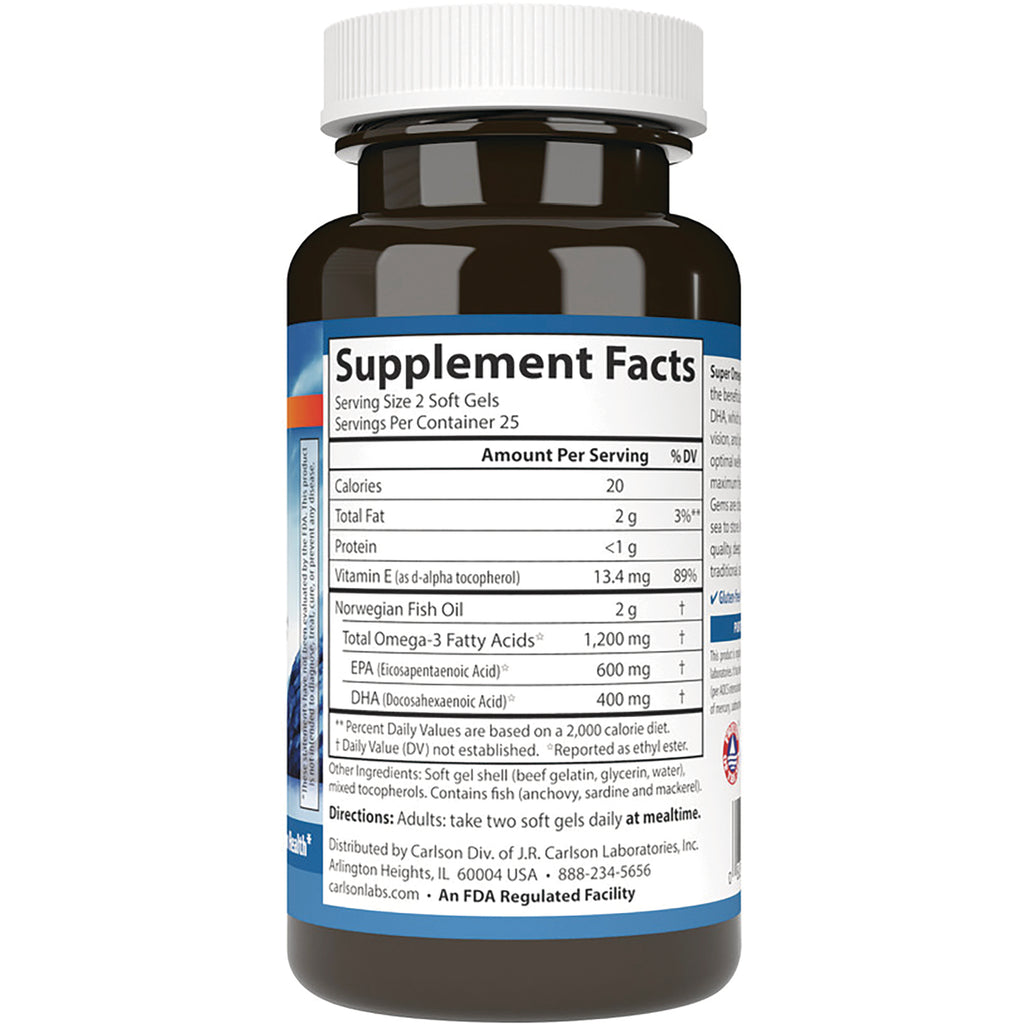 CSN145 | Back of brown supplement bottle showing Supplement Facts panel with serving size, calories and omega-3 amounts - Thumbnail
