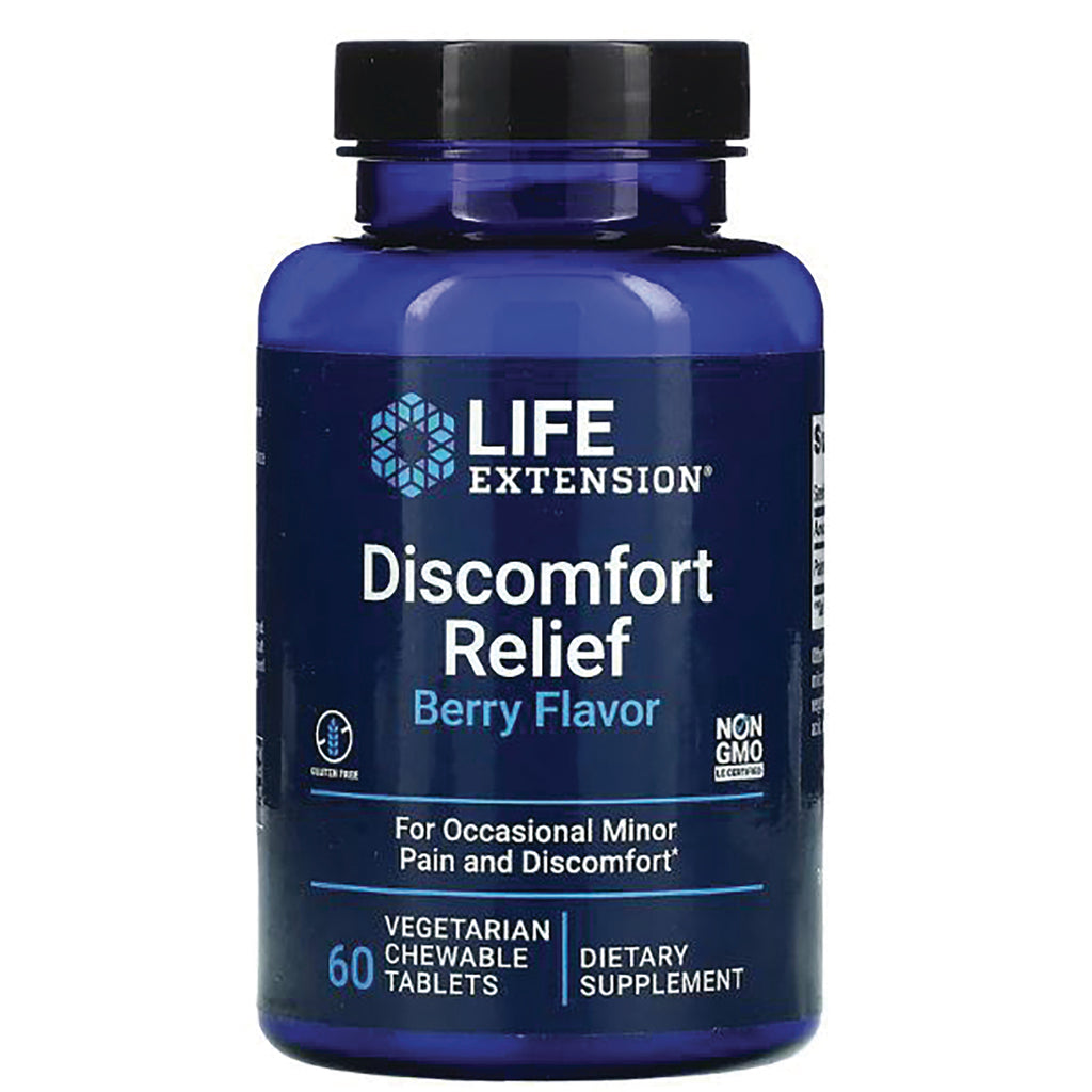 LE486 | Life Extension Discomfort Relief Berry Flavor bottle, 60 vegetarian chewable tablets dietary supplement - Thumbnail