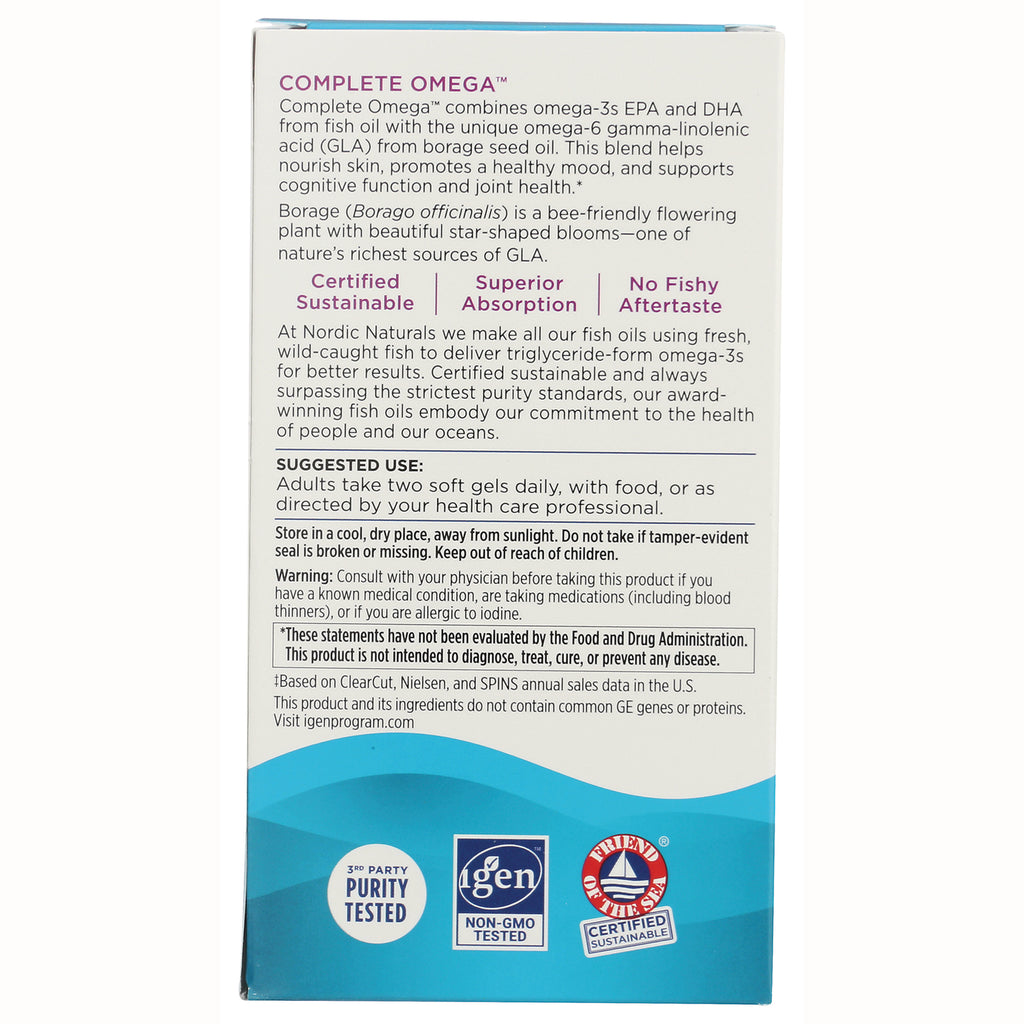 NRN023 | Back of Complete Omega supplement box showing product description, suggested use, warnings, and certification logos - Thumbnail