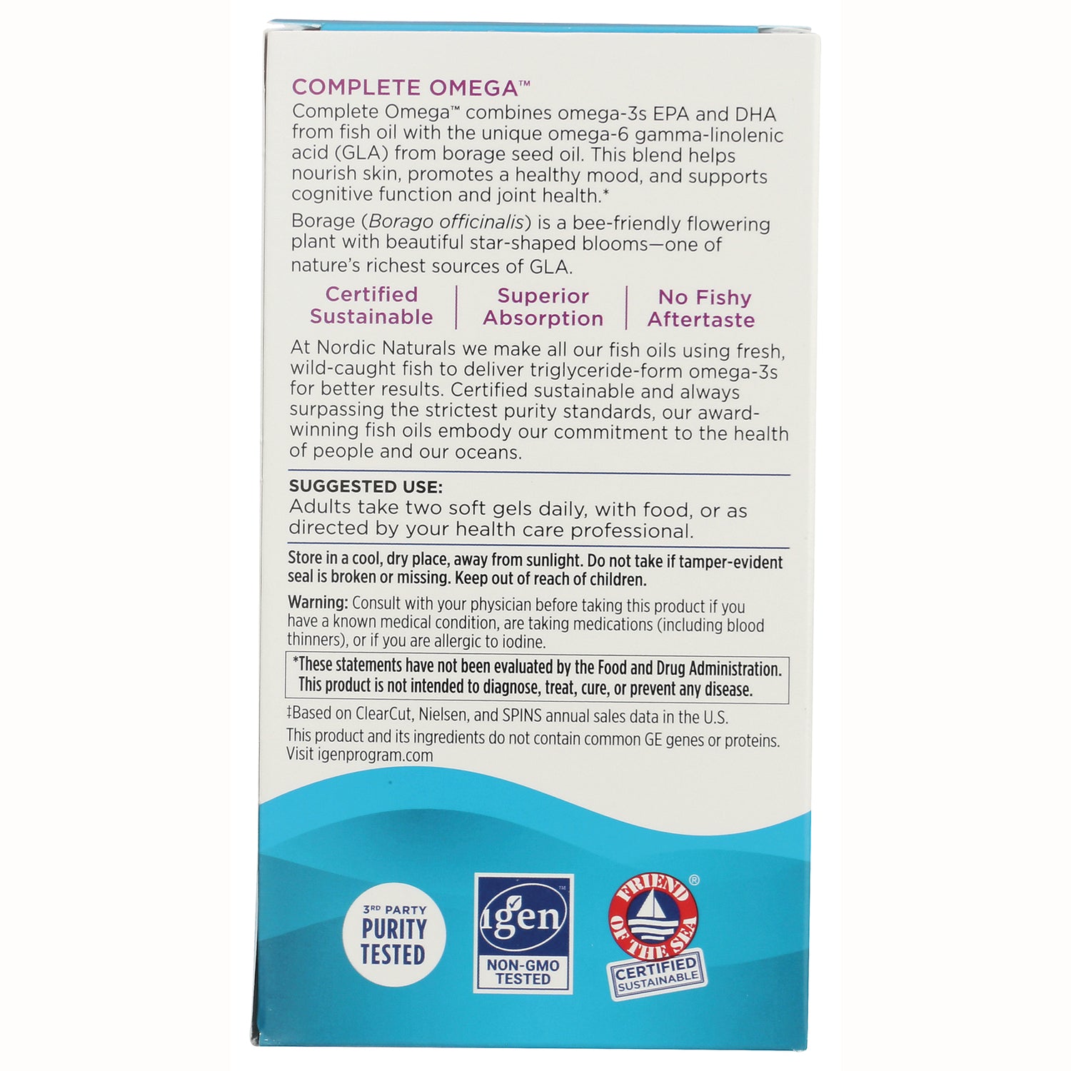 NRN023 | Back of Complete Omega supplement box showing product description, suggested use, warnings, and certification logos