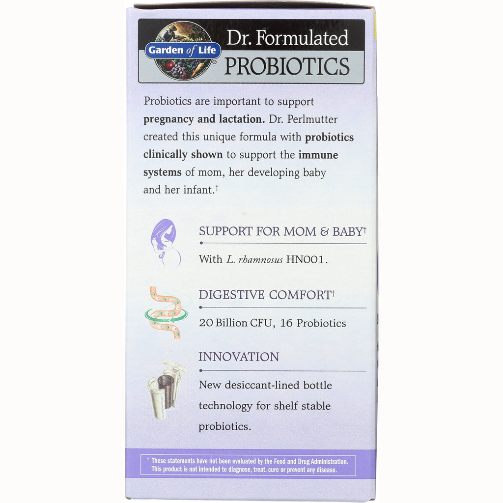 GLF224 | product infographic listing Support for Mom & Baby, Digestive Comfort 20 Billion CFU and desiccant-lined bottle innovation - Thumbnail