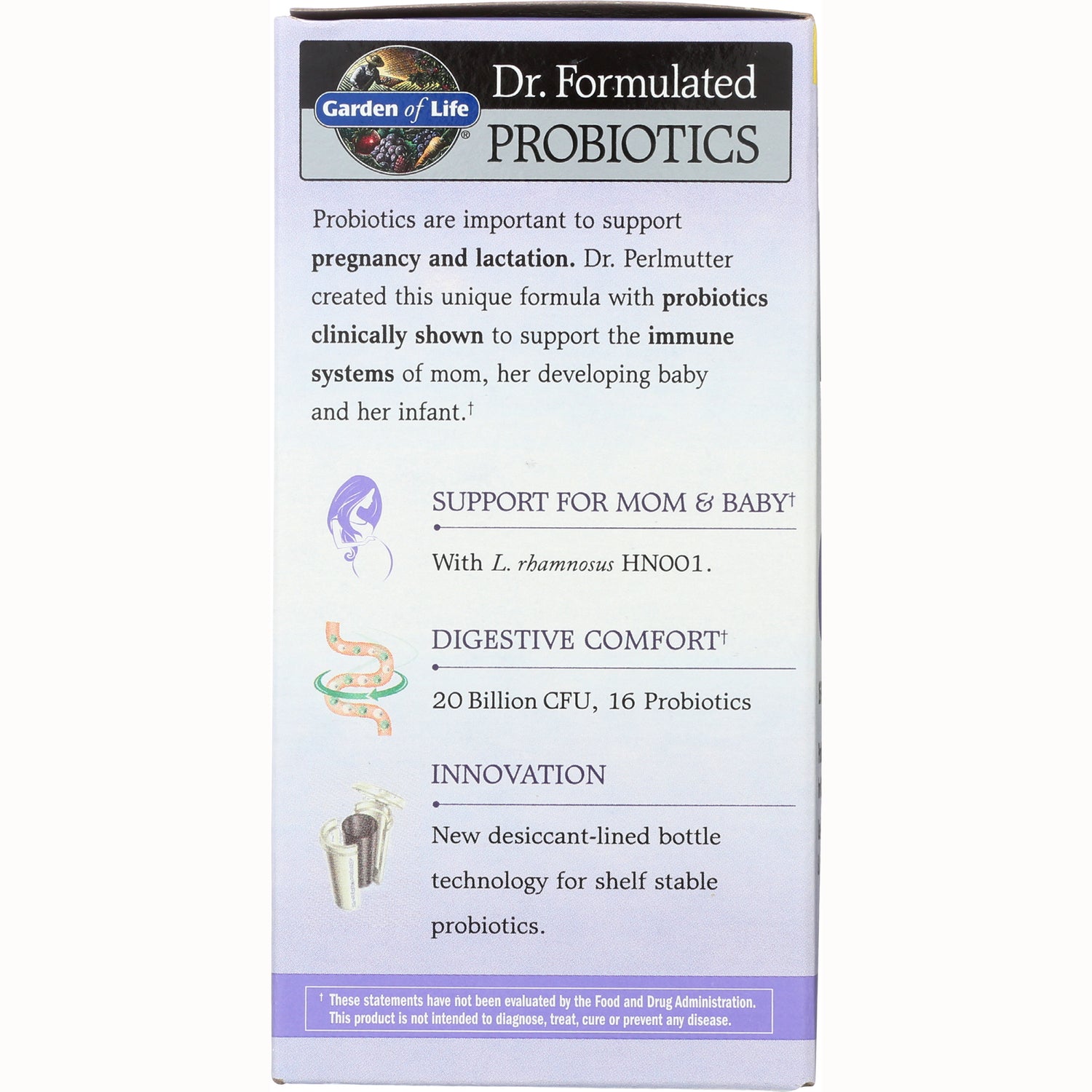 GLF224 | product infographic listing Support for Mom & Baby, Digestive Comfort 20 Billion CFU and desiccant-lined bottle innovation