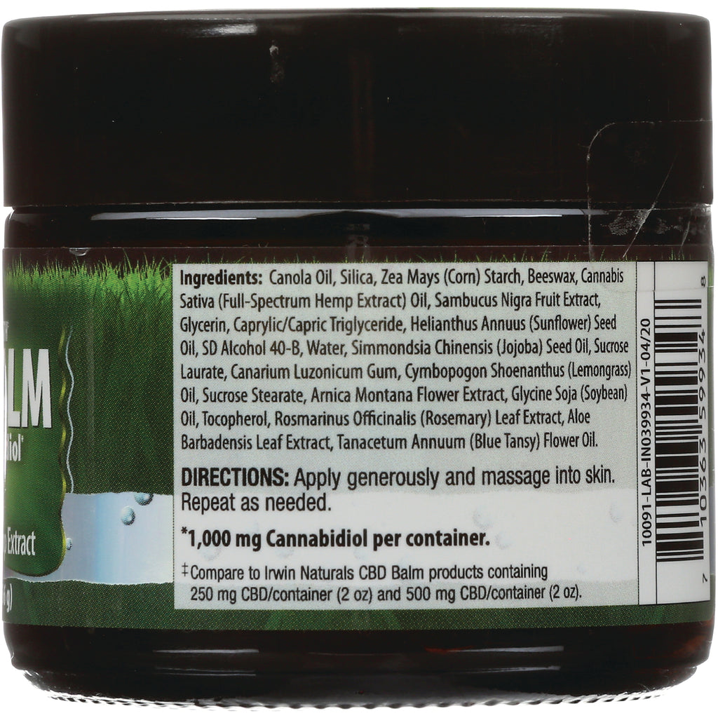 IR183 | back label with ingredients list, directions to apply generously, 1,000 mg cannabidiol per container and barcode - Thumbnail