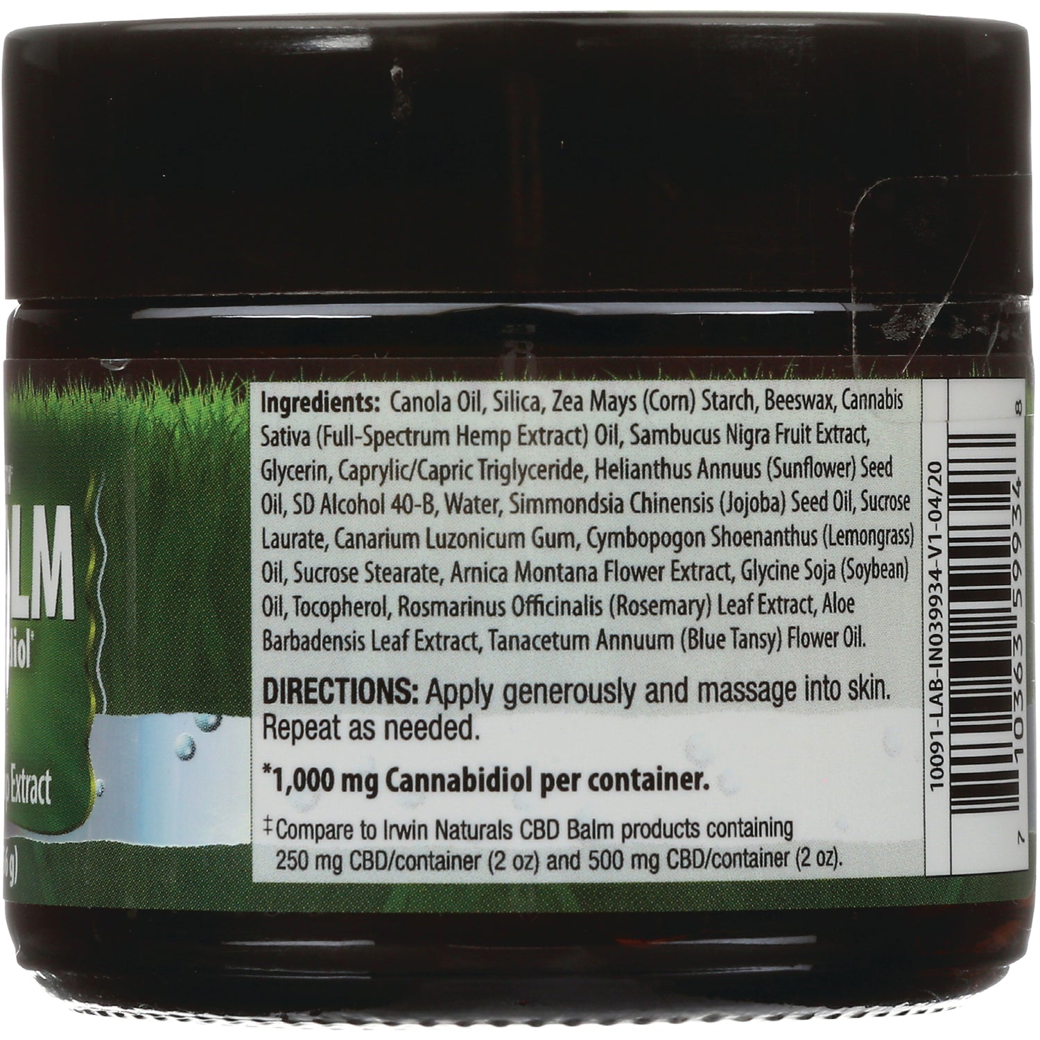 IR183 | back label with ingredients list, directions to apply generously, 1,000 mg cannabidiol per container and barcode