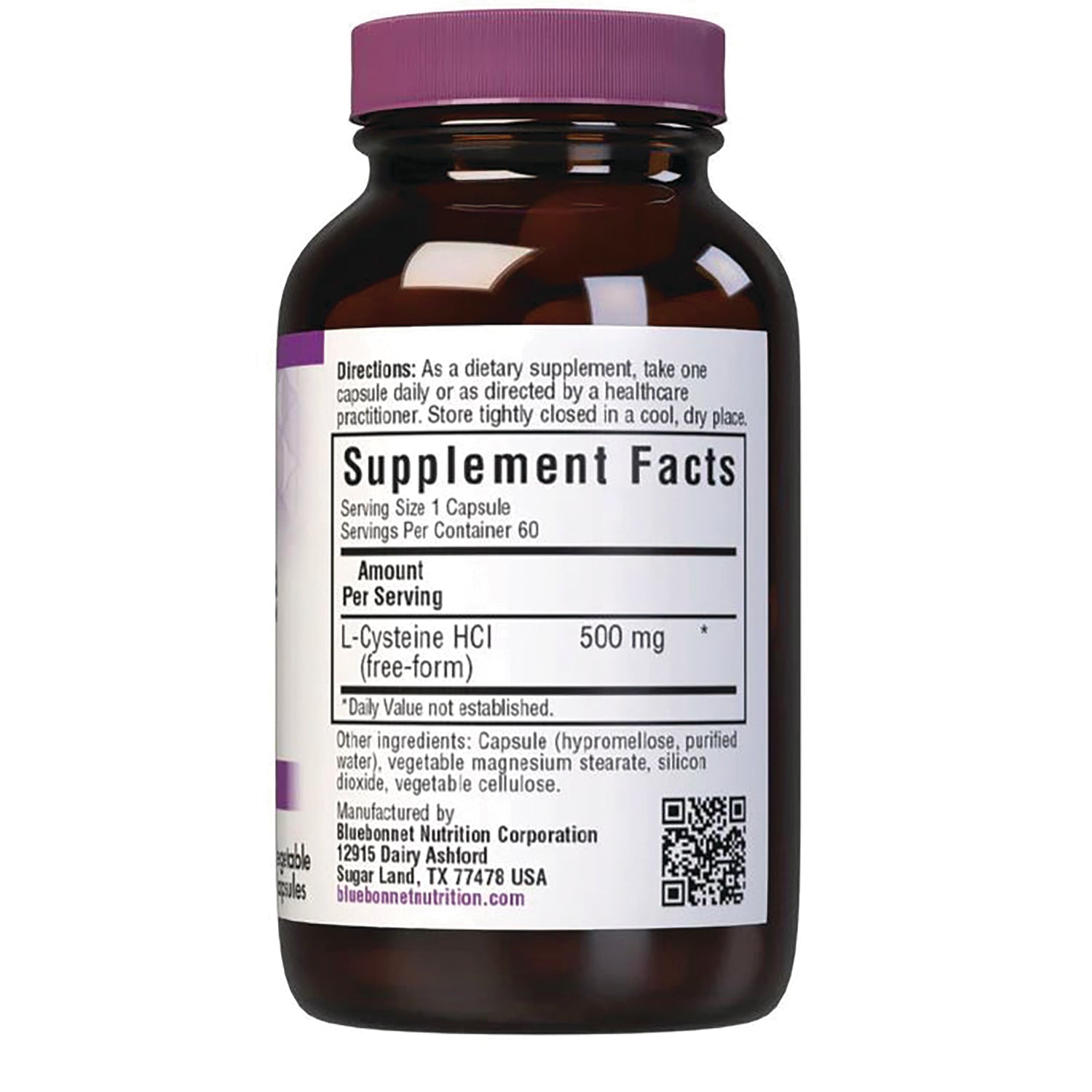 BLU084 | Back of brown supplement bottle showing Supplement Facts label with L-Cysteine HCl 500 mg and directions