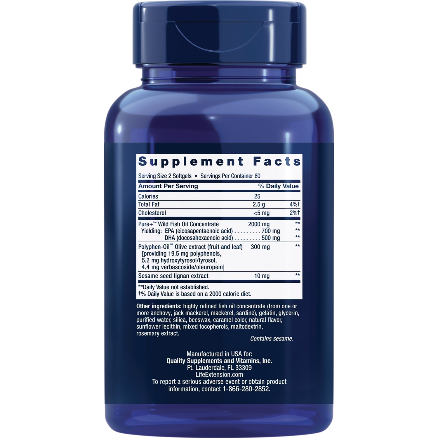 LE313 | Supplement facts panel and ingredient list on back of blue supplement bottle