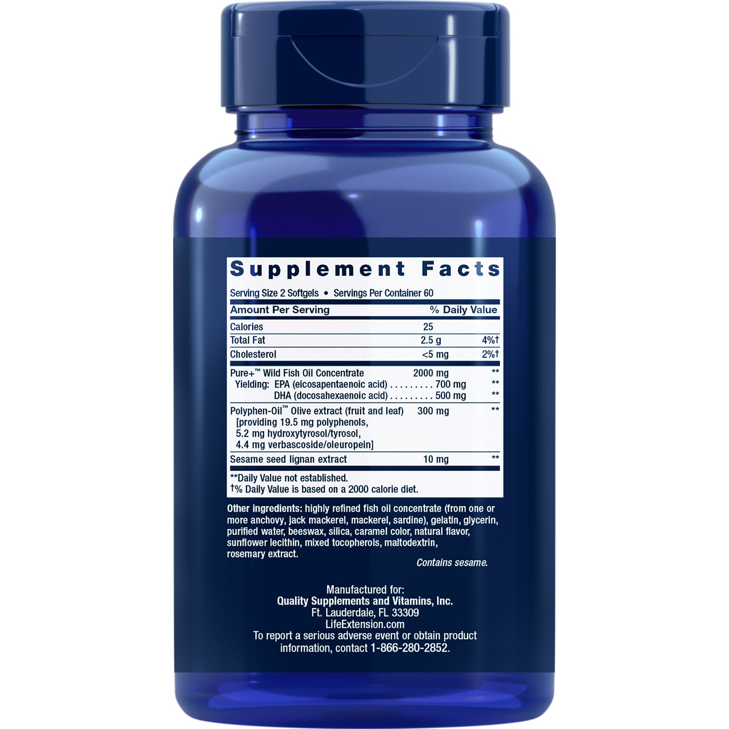 LE313 | Supplement facts panel and ingredient list on back of blue supplement bottle