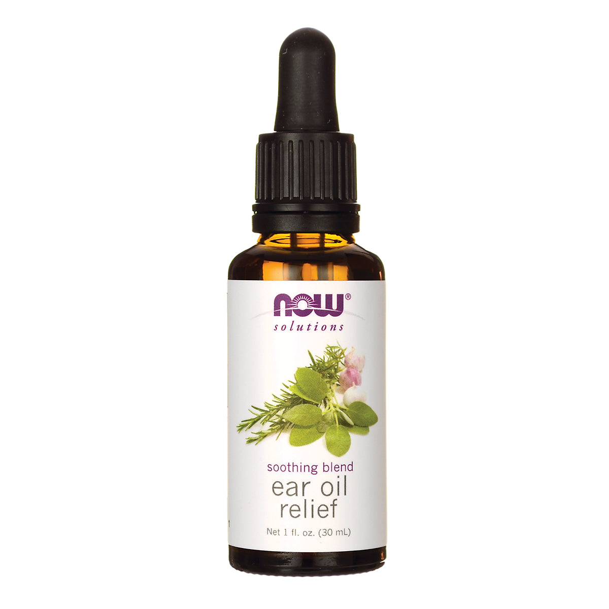 NWF124 | NOW Solutions ear oil relief soothing blend 1 fl oz amber dropper bottle with herb illustration on label