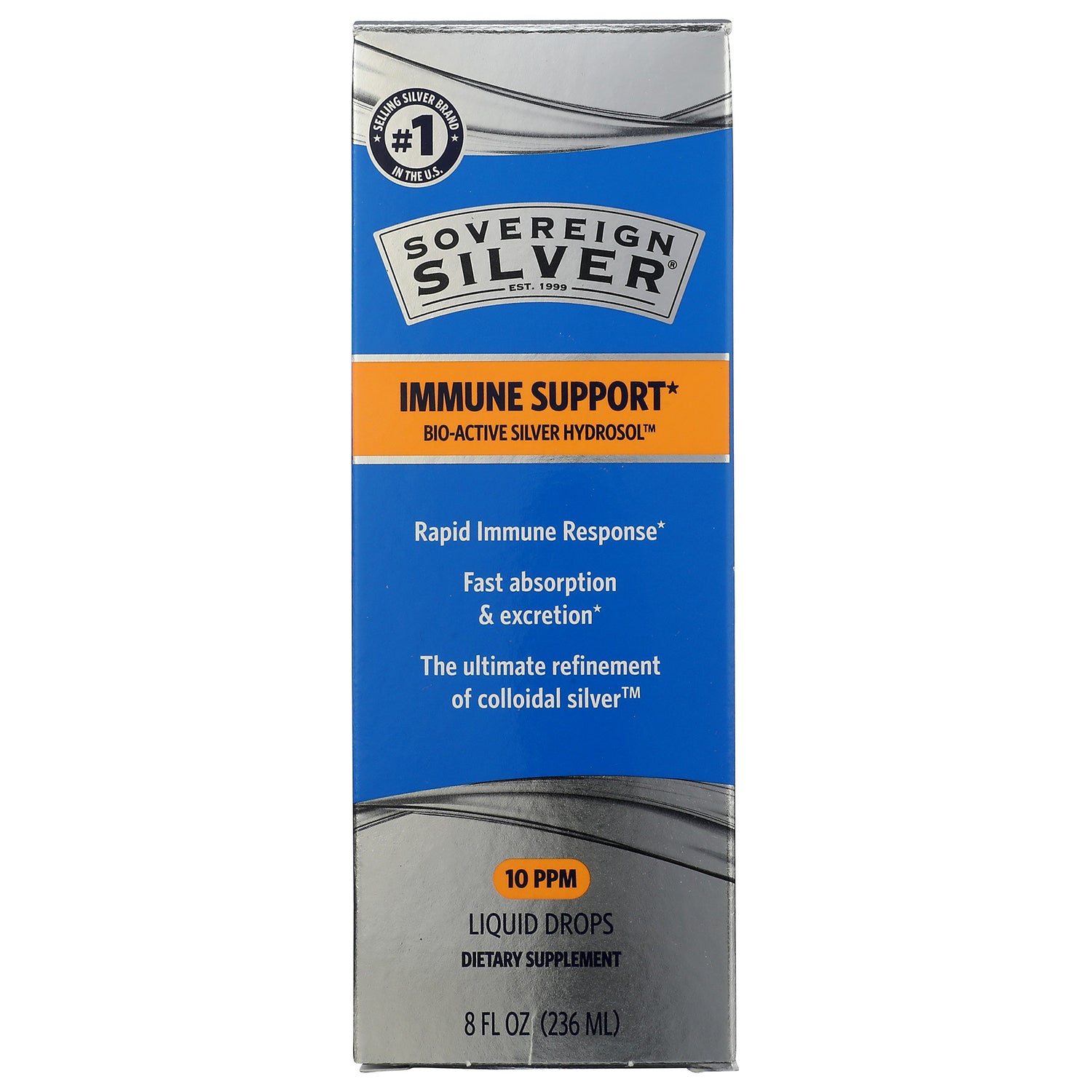 SSL002 | Sovereign Silver Bio-Active Silver Hydrosol 10 PPM dropper bottle with box, Daily + Immune Support, 8 fl oz