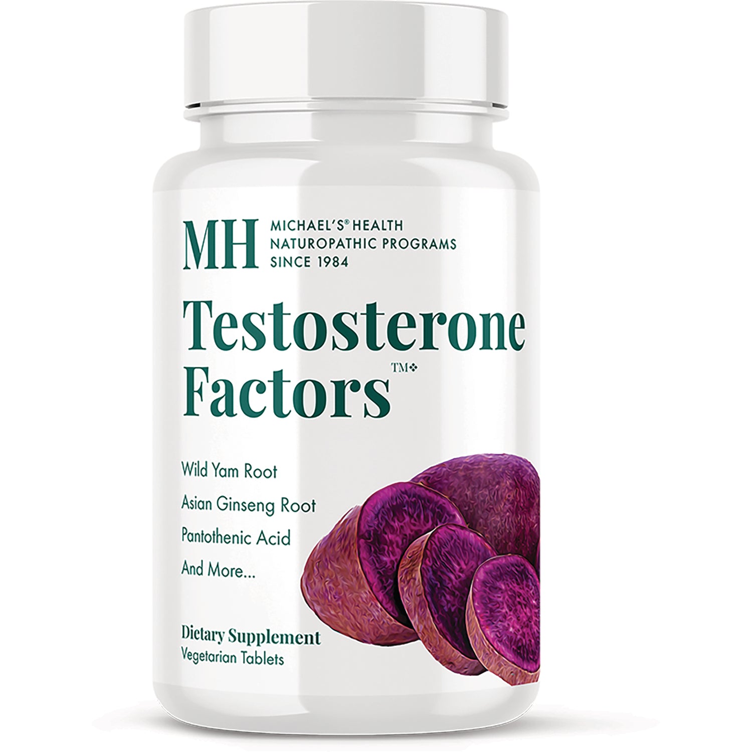 MNP014 | Bottle of Testosterone Factors dietary supplement showing purple yam slices on label