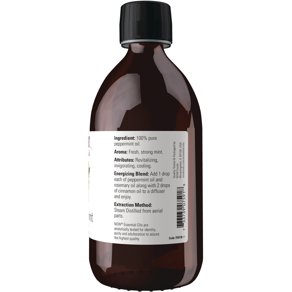 NWF503 | back label of brown glass bottle reading Ingredient 100% pure peppermint oil and usage instructions - Thumbnail