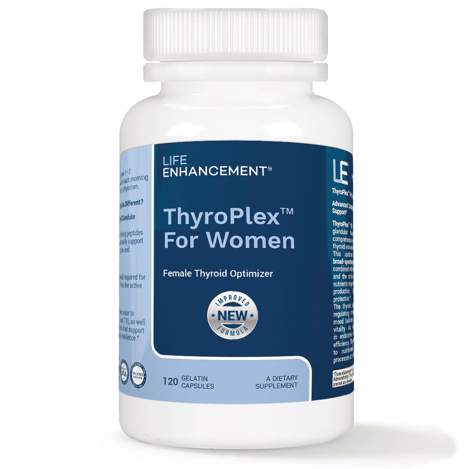 LEN030 | Life Enhancement ThyroPlex For Women supplement bottle with blue label reading Female Thyroid Optimizer