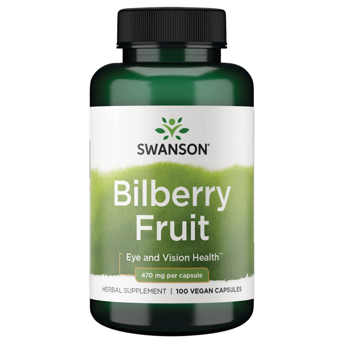 SW958 | Swanson Bilberry Fruit supplement bottle, 470 mg per capsule, 100 vegan capsules