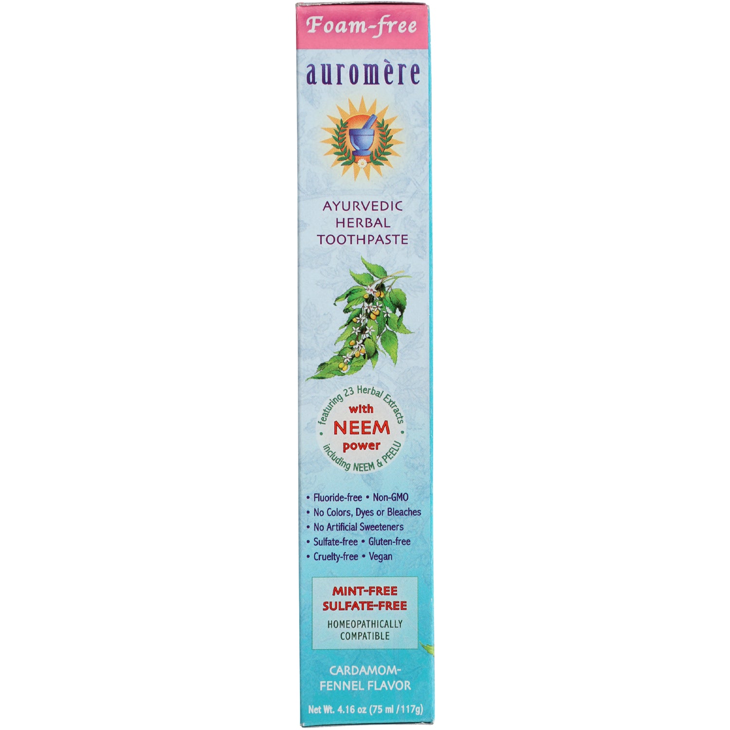 AUR008 | product infographic for Auromre Ayurvedic herbal toothpaste with NEEM power, mint-free sulfate-free, cardamom-fennel flavor