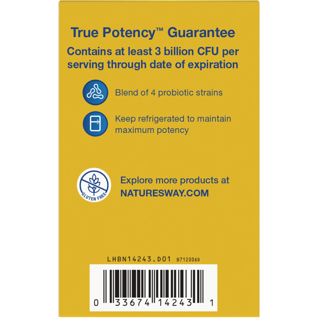 NW565 | yellow product infographic reading True Potency Guarantee contains at least 3 billion CFU per serving with icons and barcode - Thumbnail