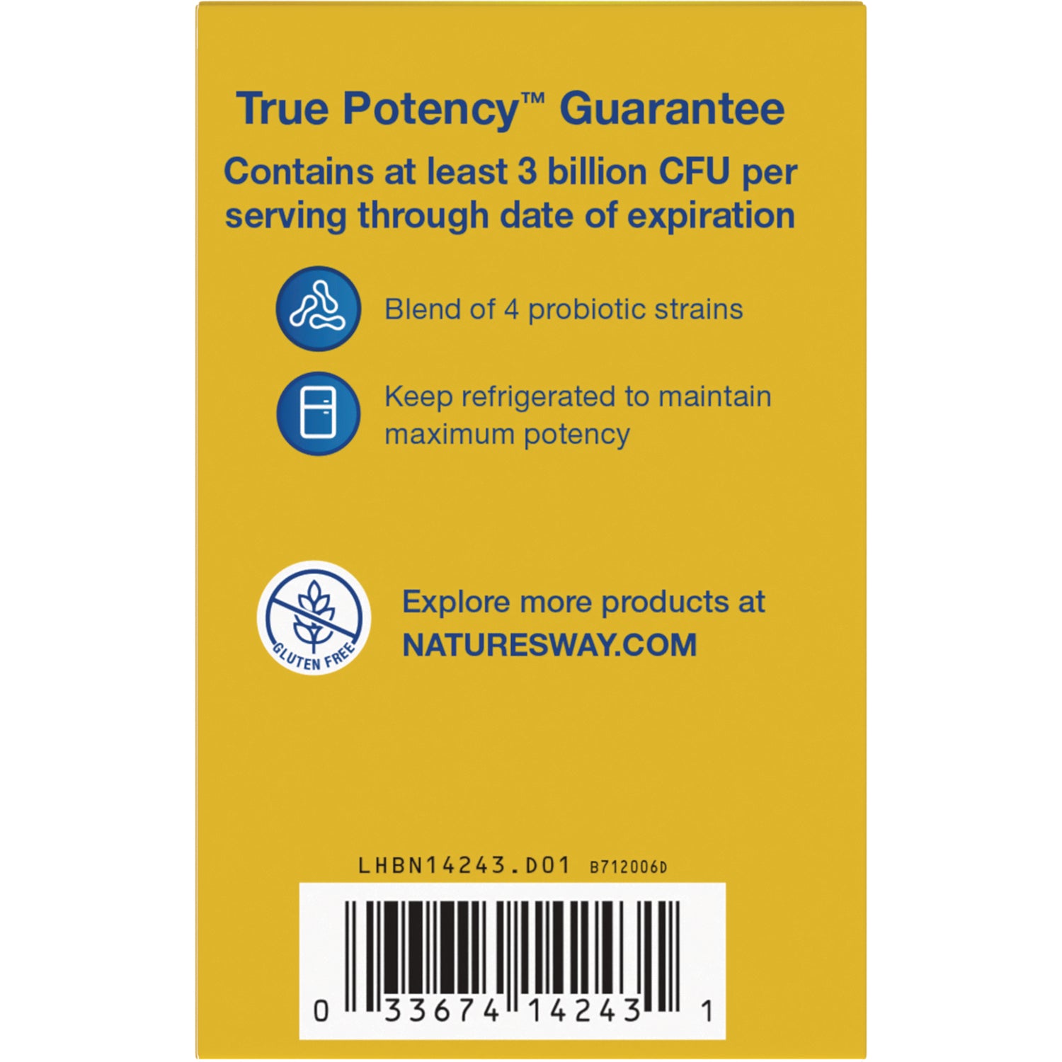 NW565 | yellow product infographic reading True Potency Guarantee contains at least 3 billion CFU per serving with icons and barcode