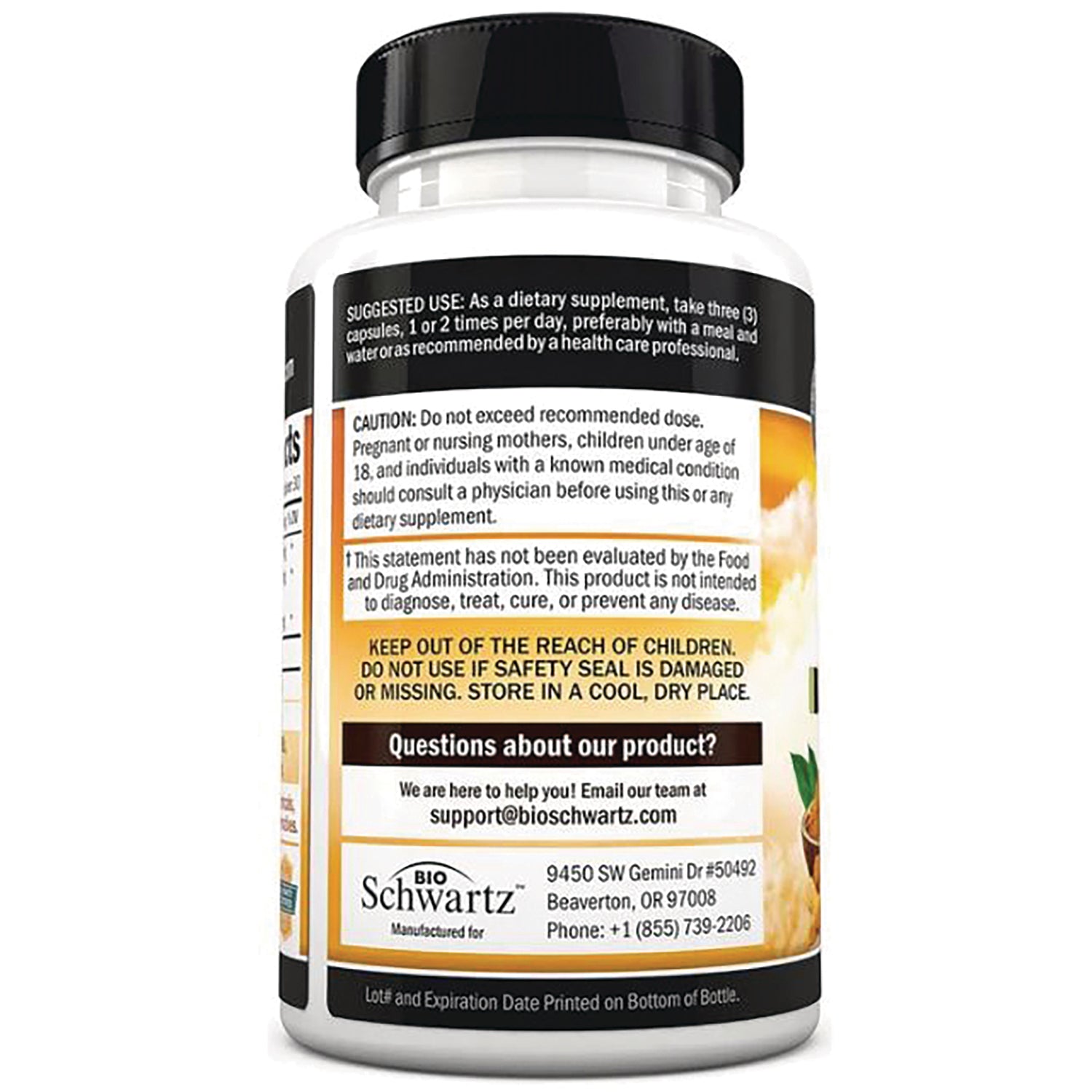 BSZ020 | Back label of white supplement bottle showing suggested use, caution, keep out of reach of children notice, and contact information