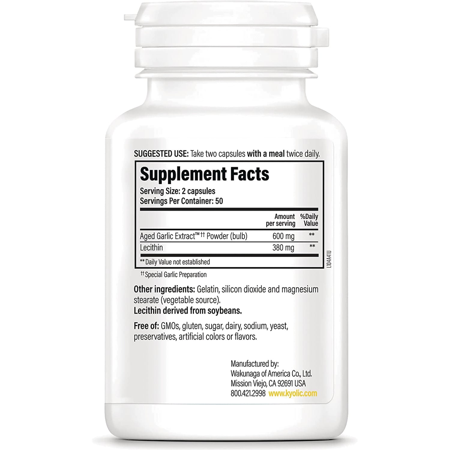 KY102 | back label of white supplement bottle showing Supplement Facts, Serving Size: 2 capsules, ingredient list and manufacturer info