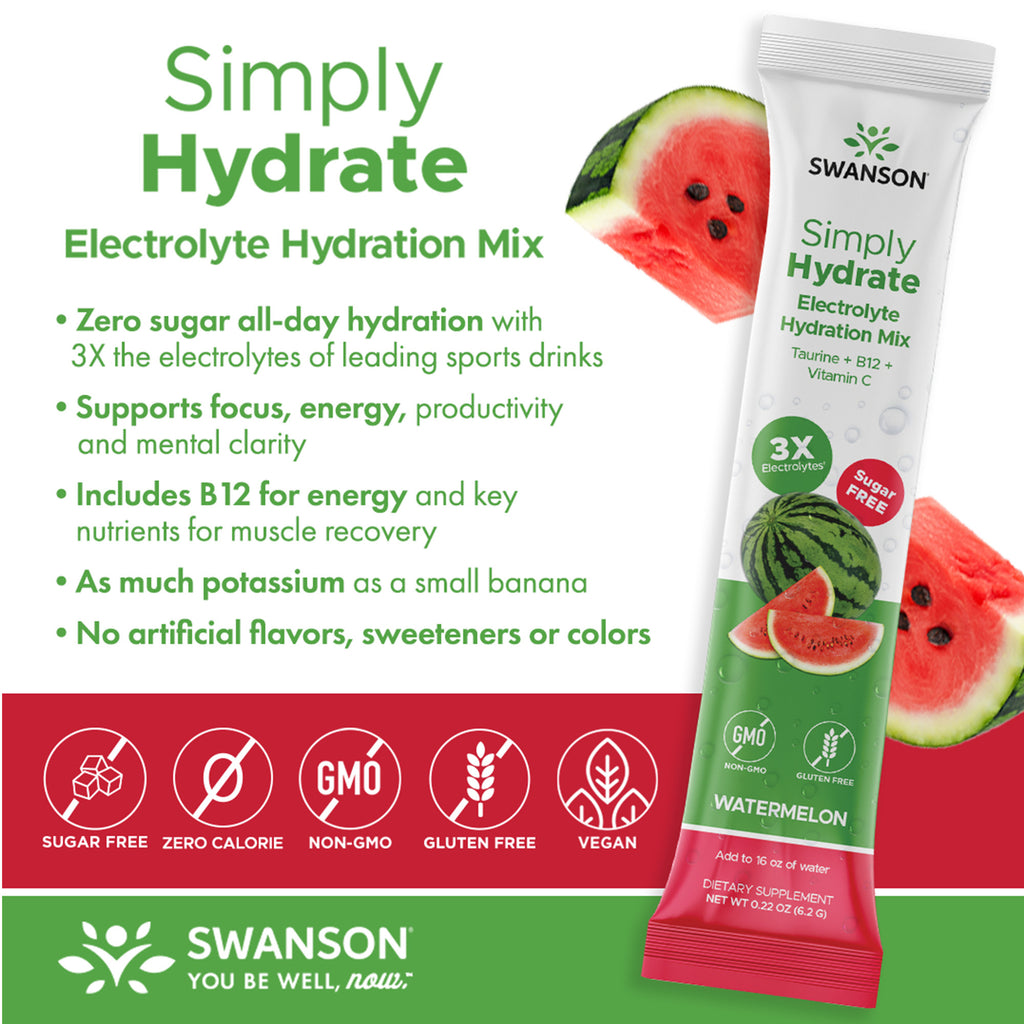 SW1926 | Simply Hydrate electrolyte hydration mix watermelon stick pack with bullet benefits and certification icons - Thumbnail