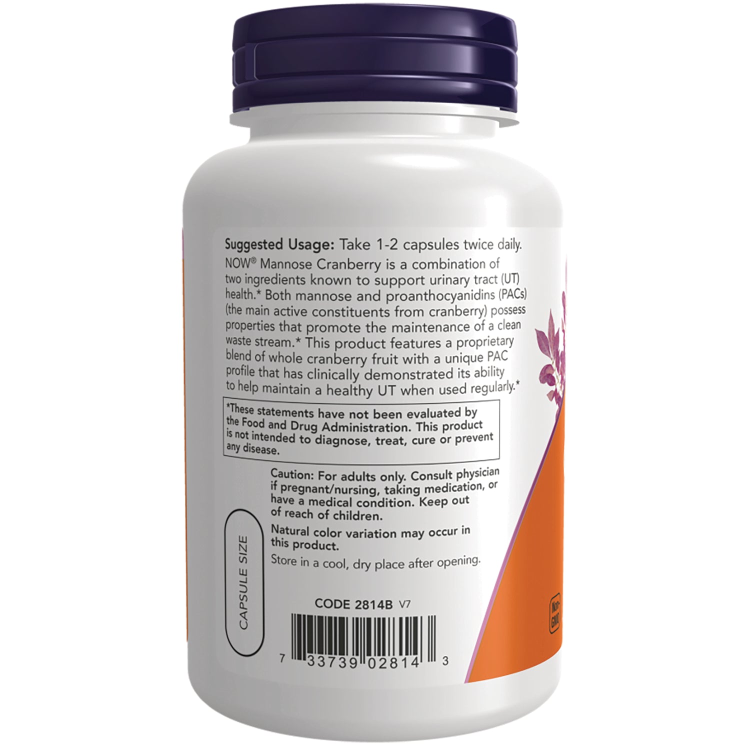NWF1389 | back label of white supplement bottle showing suggested usage text, caution and barcode