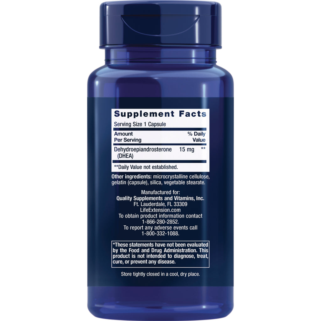 LE134 | Back of blue supplement bottle showing Supplement Facts label with Serving Size 1 Capsule and DHEA 15 mg - Thumbnail