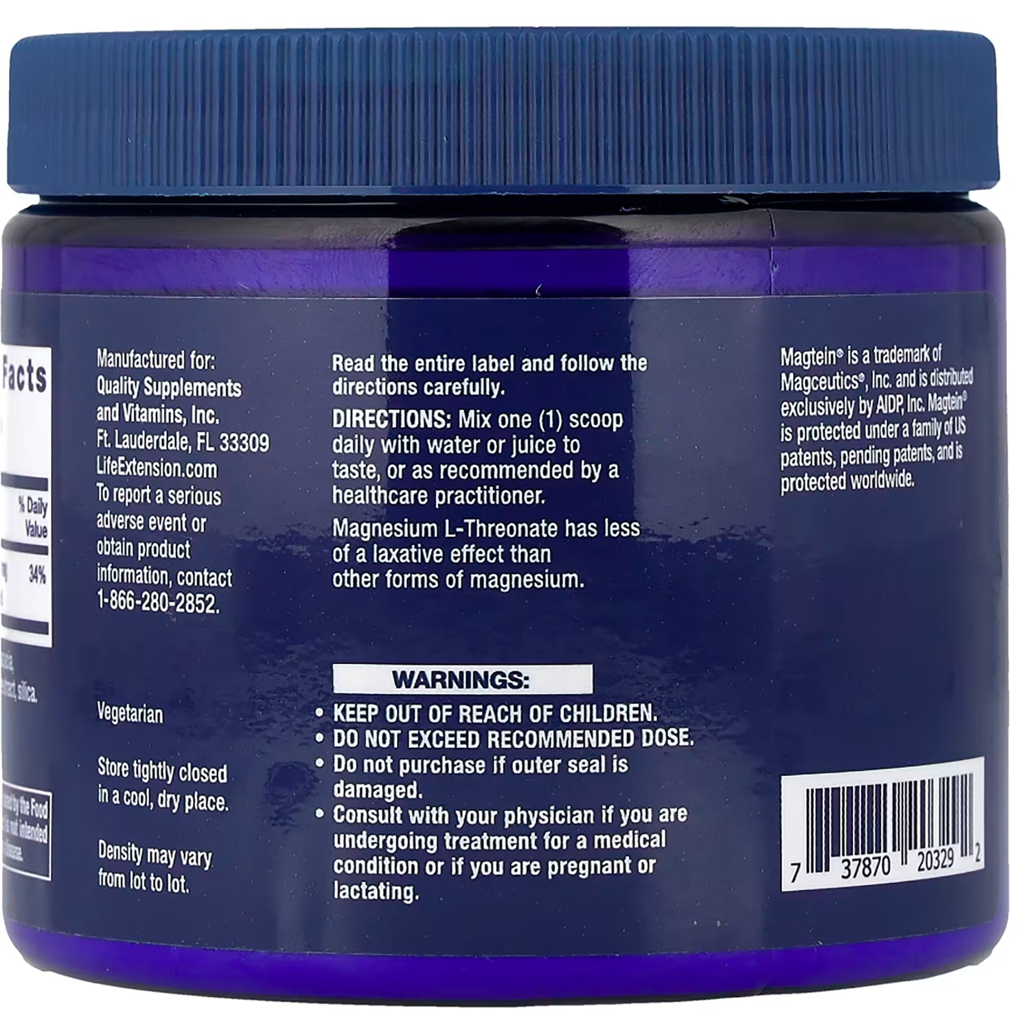 LE432 | Back label of magnesium L-threonate powder jar with directions and warnings