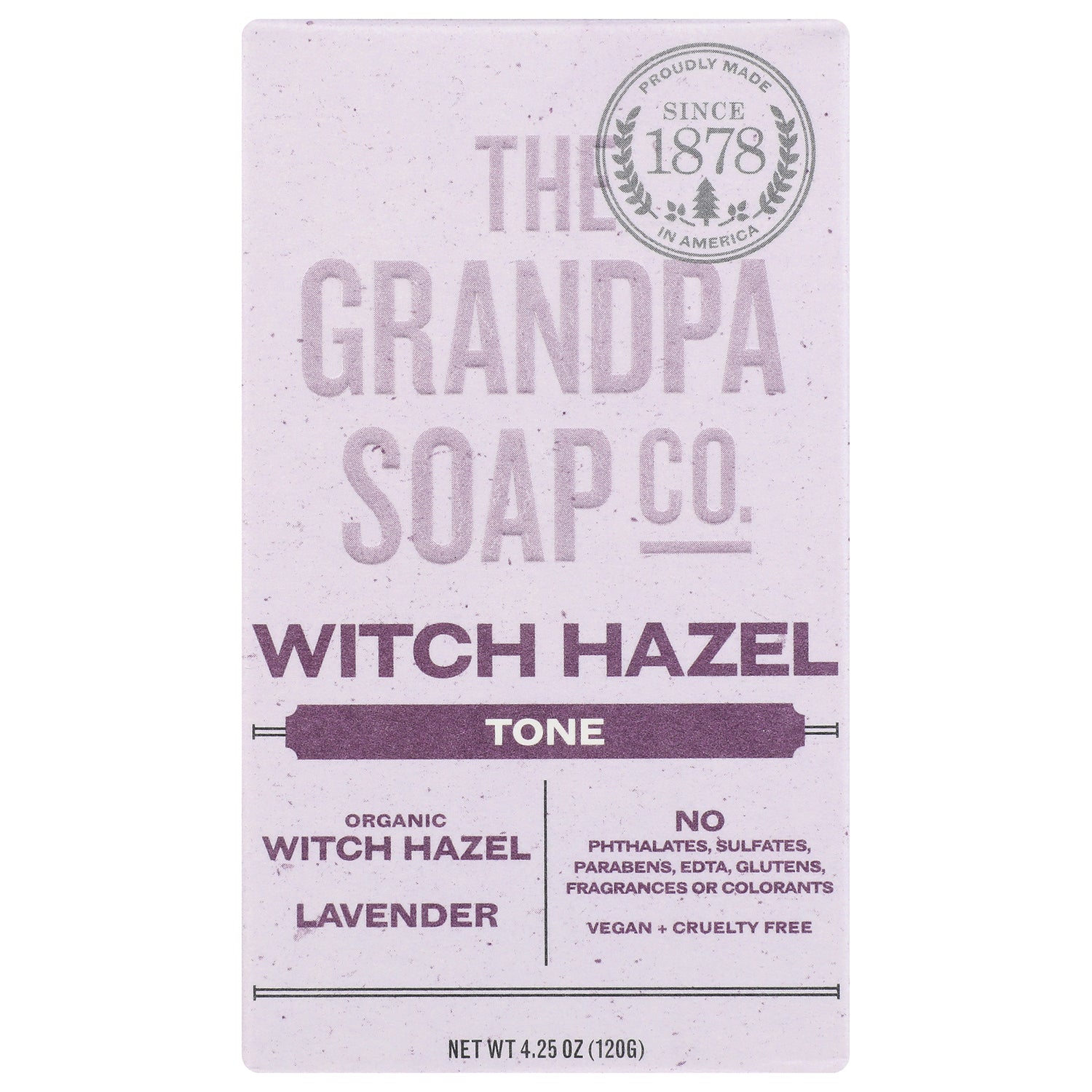 GP027 | Grandpa Soap Co. front packaging for Witch Hazel tone lavender soap bar, net wt 4.25 oz